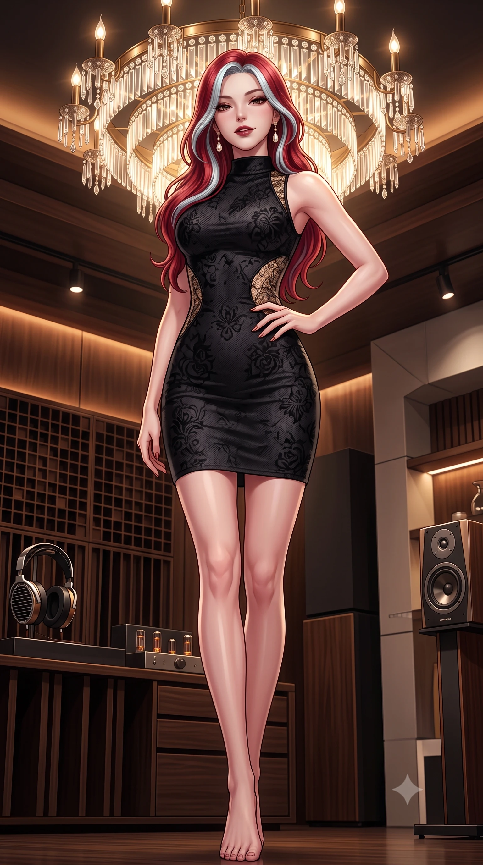 score_9, masterpiece, best quality, ultra-detailed, high-budget anime keyframe, semi-realistic 3D game render, editorial fashion photography, tasteful artistic composition, Caucasian woman. low angle full-body shot from head to toe showing her feet, filling the entire 9:16 vertical frame with her statuesque presence, stretching her vertical silhouette. pausing mid-stride beneath the grand chandelier with one hand resting on her narrow waist, her arched hips and statuesque 8.5-heads presence commanding the 9:16 vertical frame while twisting her slender torso in an alluring contrapposto stance near the dark walnut acoustic diffusers, her fitted fit tracing her hourglass curves. The surrounding environment is rendered in vivid detail and crisp panoramic clarity. detailed fabric weave, headphone metallic finish, and contemporary Hannam-dong listening lounge architecture in high clarity. She has an exceptionally tall and slender model-like 8.5-heads proportion, an ultra-slim waist, a flat toned midriff, narrow delicate ribcage, and beautifully sculpted feminine hips creating a graceful, slim hourglass silhouette without any bulky heaviness, with impossibly long slender legs. sharp v-shaped jawline, high-bridge nose, intricate jewel-like dark sparkling eyes with dangerous depth, thick curled eyelashes, glossy parted lips with a rich wine sheen, smoldering seductive half-smile with bedroom-eyes, exuding effortless superiority and intoxicating dark allure, flawlessly proportioned anatomical accuracy, strict slender model proportions, natural body alignment, perfectly sculpted long slender limbs, ultra-slim waistline, clean dynamic posture without body distortion. wearing a high-neck sleeveless bodycon dress in textured matte obsidian with side-torso semi-sheer mesh inserts in midnight jet-black and liquid champagne gold, crafted from sheer delicate Chantilly lace with intricate gothic floral motifs, accented with a single dangling baroque pearl earring reflecting the amber glow, the high-waisted tailoring accentuating her ultra-slim waistline and the enchanting curve of her feminine hips with alluring dark charm. bathed in moody warm tube amplifier amber glow and dark walnut ambient bounce. highly saturated vibrant anime colors, detailed shading with soft gradients, rich glossy textures, high-contrast stereoscopic depth, volumetric dynamic lighting, master piece, 9:16 ratio