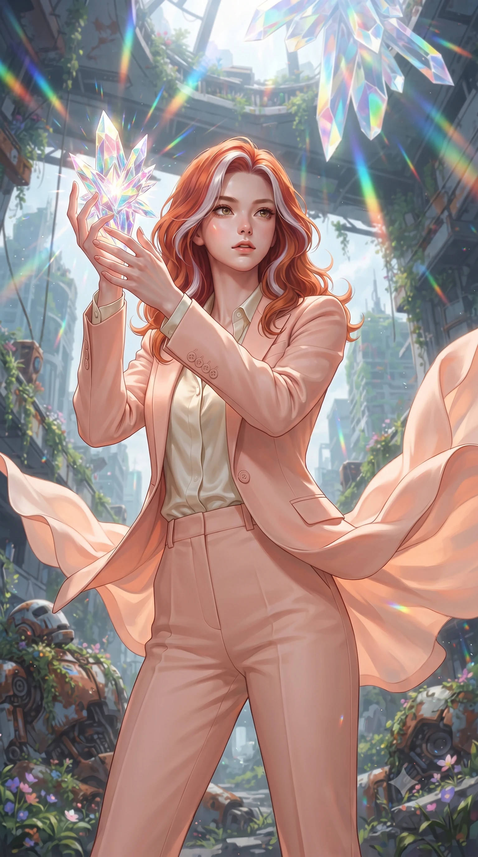 score_9, masterpiece, best quality, ultra-detailed, high-budget anime keyframe, editorial fashion photography, tasteful artistic composition, realistic cosplay photography, Caucasian woman, strictly human ears. close-up cowboy shot from the waist and thighs up, the character dominates the composition, filling the frame with her large presence, background elements kept in soft focus. Holding a glowing relic aloft with a triumphant, commanding expression. set against a soft-focus background of ruins of a futuristic city where nature has reclaimed steel structures, vines growing over rusted robotic hulls. She has an exceptionally elegant and slender, willowy female figure with an ultra-slim waist, a gracefully sculpted slender torso, and a refined slim physique. sharp v-shaped jawline, high-bridge nose, intricate jewel-like eyes with depth, thick eyelashes, glossy lips with a natural sheen. wearing the lightweight fabric rippling and billowing dramatically with her movement, a form-contouring tailored pastel peach pantsuit with a single button, worn over a cream silk blouse. cascading rainbow prismatic light refracting through crystal formations overhead. ultra-reflective glossy finish, specular highlights, metallic sheen, high-contrast stereoscopic depth, volumetric dynamic lighting, 2k, ultra detail, master piece, 9:16 ratio