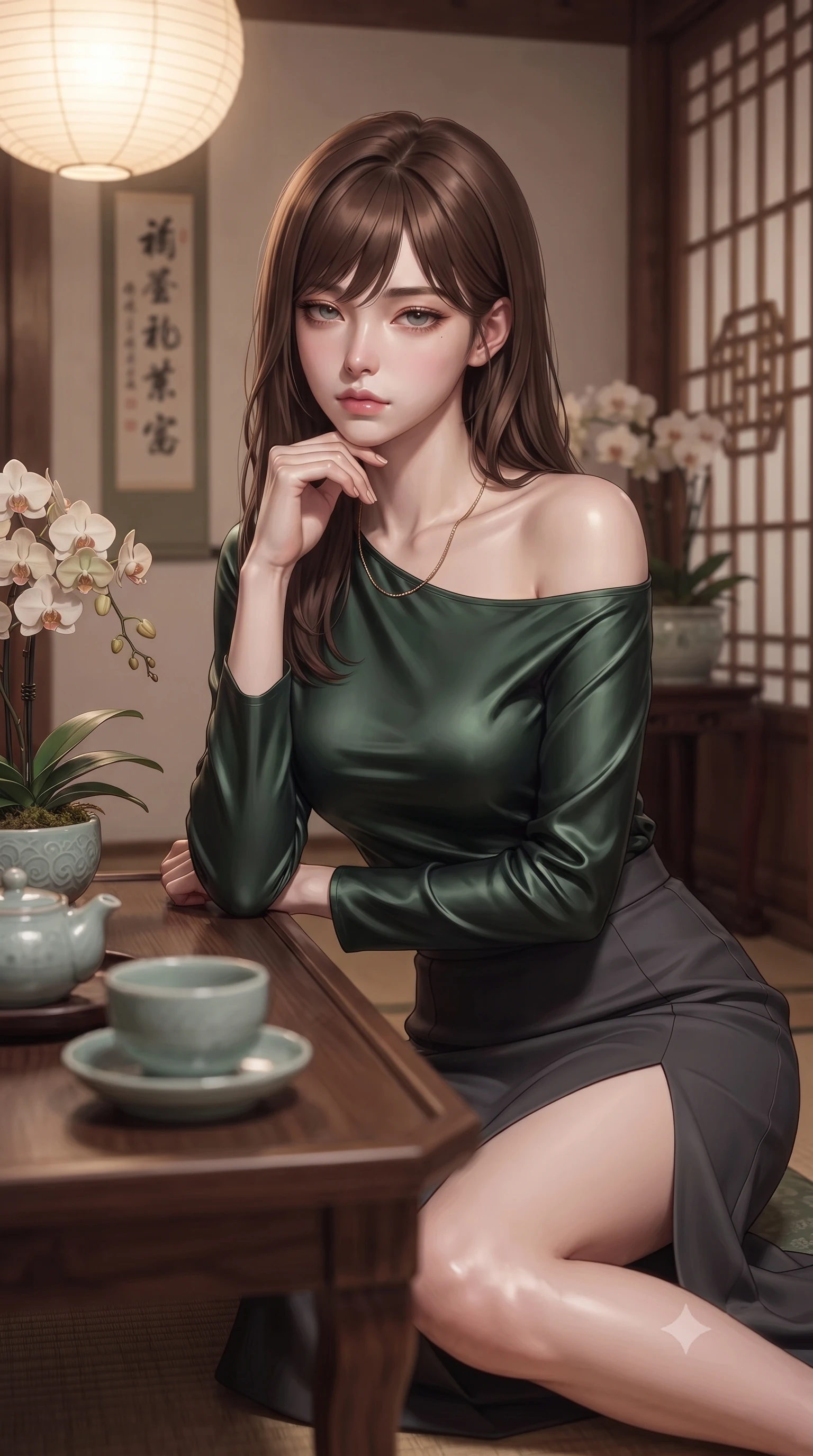 score_9, masterpiece, best quality, ultra-detailed, high-budget anime keyframe, editorial fashion photography, tasteful artistic composition, Korean woman woman. close-up cowboy shot from the waist and thighs up, the character dominates the composition, filling the frame with her large presence, background elements kept in soft focus. resting her chin on the backs of her fingers, casting a heavy-lidded, sultry look past the camera the background shows a soft-focus a tea room with low wooden tables, calligraphy hanging scrolls, and orchid plants. She has an exceptionally elegant, slender, and willowy female figure with an ultra-slim waist, a gracefully sculpted slender torso, and a refined silhouette. sharp v-shaped jawline, high-bridge nose, intricate jewel-like eyes with depth, thick eyelashes, glossy lips with a natural sheen. wearing a form-contouring asymmetric off-shoulder top paired with a high-slit midi skirt, revealing a glimpse of her clavicle lines. soft warm paper lamp glow creating a quiet and meditative atmosphere. ultra-reflective glossy finish, specular highlights, metallic sheen, high-contrast stereoscopic depth, volumetric dynamic lighting, 2k, ultra detail, master piece, 9:16 ratio