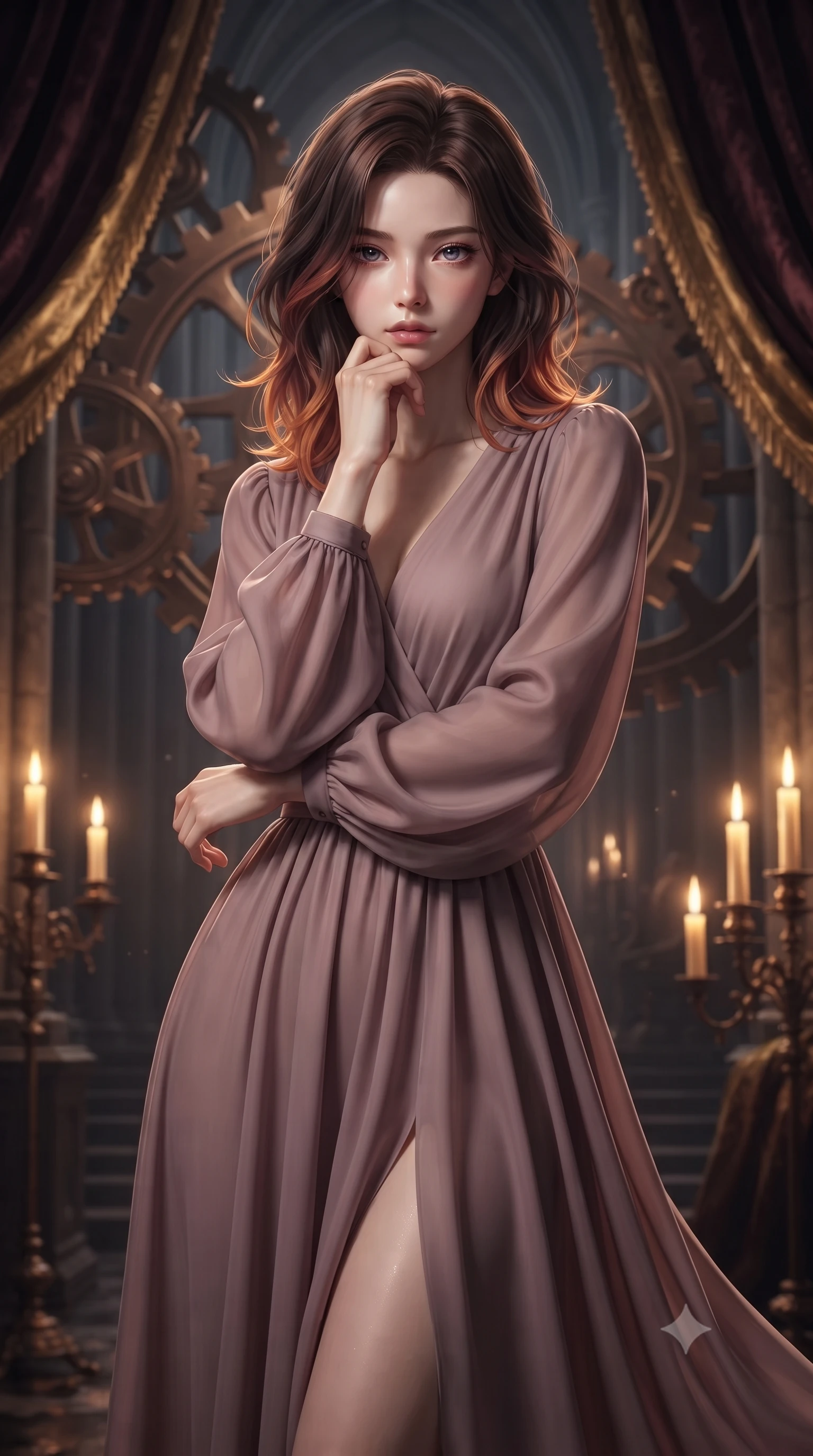 score_9, masterpiece, best quality, ultra-detailed, high-budget anime keyframe, editorial fashion photography, tasteful artistic composition, Korean woman woman. close-up cowboy shot from the waist and thighs up, the character dominates the composition, filling the frame with her large presence, background elements kept in soft focus. She has an exceptionally elegant, slender, and willowy female figure with an ultra-slim waist, a gracefully sculpted slender torso, and a refined silhouette. resting her chin on the back of her fingers in a thoughtful and effortless pose, flawlessly proportioned anatomical accuracy, natural body alignment, perfectly sculpted elegant limbs, clean dynamic posture without body distortion. set against a soft-focus background of a high space cathedral nave with rotating bronze gears and velvet drapes. wearing a serene dusty mauve chiffon maxi dress with long bishop sleeves. bathed in dramatic chiaroscuro key light with flickering golden candlelight. ultra-reflective glossy finish, specular highlights, metallic sheen, high-contrast stereoscopic depth, volumetric dynamic lighting, 2k, ultra detail, master piece, 9:16 ratio