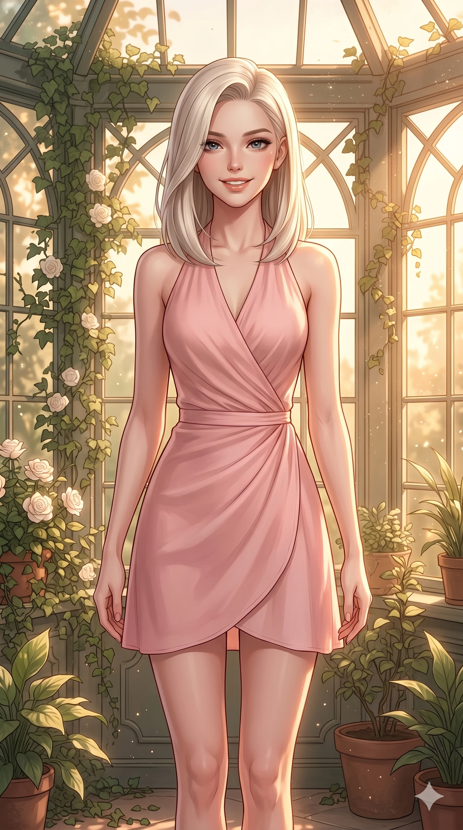 score_9, masterpiece, best quality, ultra-detailed, high-budget anime keyframe, editorial fashion photography, tasteful artistic composition, Caucasian woman, strictly human ears. cowboy shot from the thighs up, character and outfit filling the frame for maximum editorial presence. smiling warmly with a serene and cheerful gaze, looking directly at the viewer inside a sun-drenched sunroom filled with climbing ivy and white roses. She has an absolutely perfect 8-heads proportion, an exceptionally tall and slender female figure with impossibly long slender legs and an ultra-slim waist. V-shaped jawline, high-bridge nose, intricate jewel-like eyes with depth, thick eyelashes, glossy lips with a natural sheen. wearing a soft pink wrap dress with a graceful halter neck and bare shoulders. bathed in warm golden hour light pouring through the windows, creating a soft glowing atmosphere. 2k, ultra detail, master piece, 9:16 ratio
