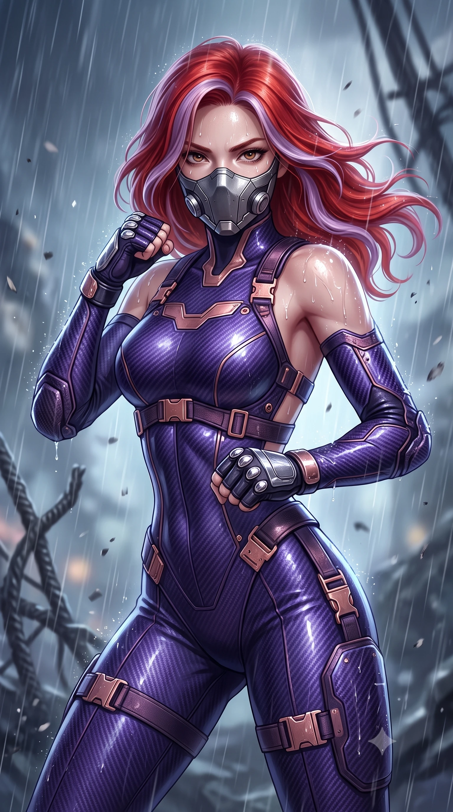 score_9, masterpiece, best quality, ultra-detailed, high-budget anime keyframe, semi-realistic 3D game render, editorial fashion photography, tasteful artistic composition, Caucasian woman. close-up cowboy shot from the waist and thighs up, the character dominates the composition, filling the frame with her large presence. tilting her head slightly with solemn warrior composure, sweat and rain glistening on her sculpted collarbones and high-bridge nose while arching her spine in a fluid combat stance with fists raised as cold rain streams down her sleek armored shoulder pauldrons. The composition keeps background elements in soft focus with creamy bokeh. twisted structural rebar and falling ash flakes softened in moody atmospheric depth of field. She has an exceptionally elegant, slender, and willowy female figure with an ultra-slim waist, a gracefully sculpted slender torso, toned flat midriff, and a refined slim silhouette. sharp v-shaped jawline, high-bridge nose, intricate jewel-like eyes with depth, thick eyelashes, glossy lips with a natural sheen, fierce and resolute heroine expression, flawlessly proportioned anatomical accuracy, strict slender model proportions, natural body alignment, perfectly sculpted long slender limbs, ultra-slim waistline, clean dynamic posture without body distortion. wearing a sleek titanium half-face combat rebreather guard protecting her lower jaw while leaving her expressive eyes and long hair flowing freely, paired with a tailored tactical combat jumpsuit with an open-back harness design, reinforced composite breastplate, and high-mobility elbow dampers in royal purple carbon fiber with distressed rose-gold hardware and buckles, made of liquid carbon-jersey fabric accentuating every curve of her tall, slender model proportions, detailed with kinetic shock-dampening knuckle guards and polished chrome connection joints, the glove-like aerodynamic second-skin fit tightly clinging to her ultra-slender waist and athletic curves without adding bulk, accentuating her razor-sharp statuesque lines and slim hourglass silhouette. illuminated by crisp white key lighting with sharp specular highlights tracing her sculpted armor and slender curves. rich saturated anime colors with glowing neon highlights, detailed shading with soft gradients, rich glossy textures, high-contrast stereoscopic depth, volumetric dynamic lighting, master piece, 9:16 ratio