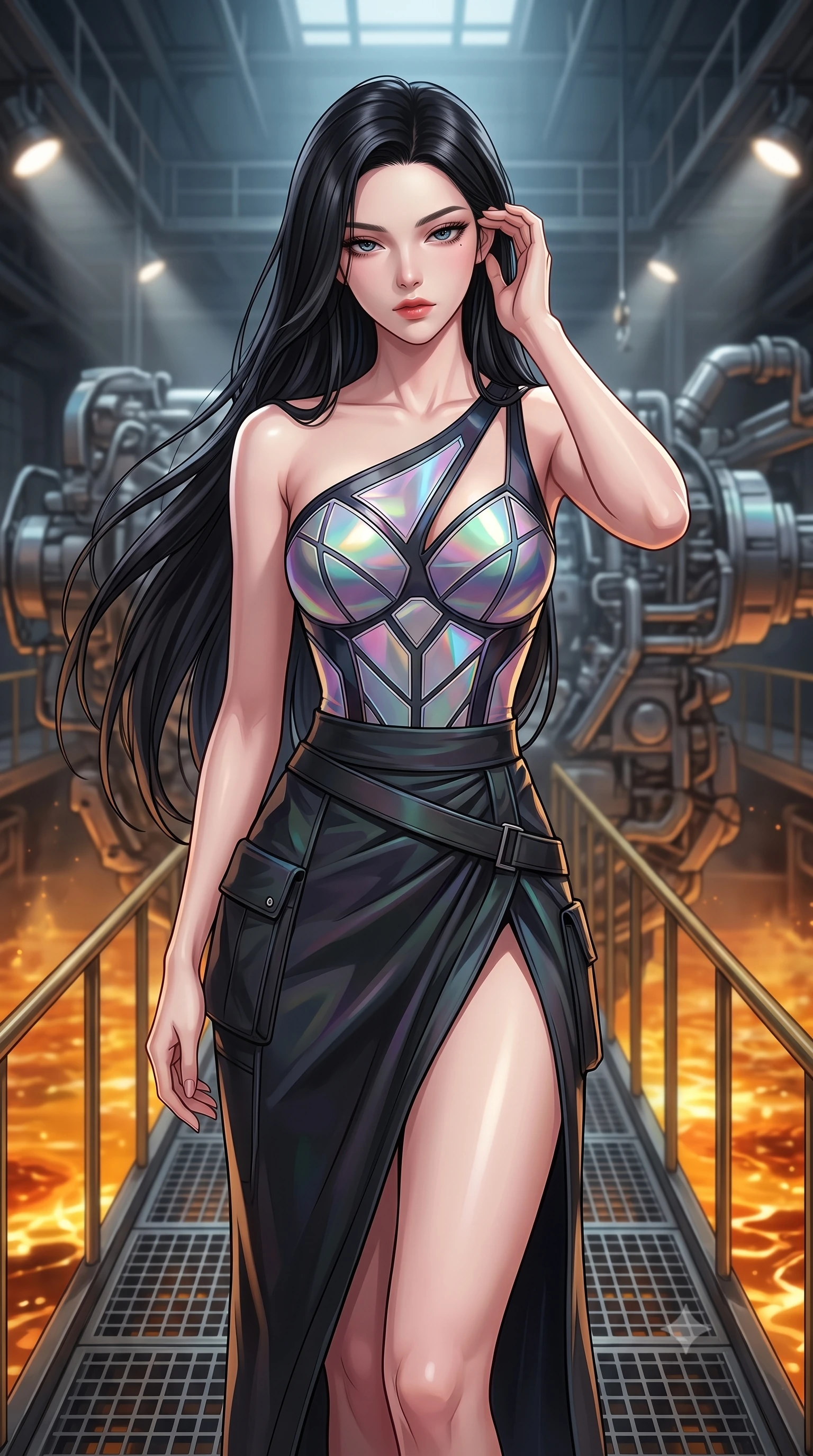score_9, masterpiece, best quality, ultra-detailed, high-budget anime keyframe, editorial fashion photography, tasteful artistic composition, Korean woman. close-up cowboy shot from the waist and thighs up, the character dominates the composition, filling the frame with her large presence, background elements kept in soft focus. gently touching the side of her temple, casting a heavy-lidded, sultry look past the camera, the background shows a soft-focus an engine assembly catwalk suspended over a boiling oil pool in a bunker. She has an exceptionally elegant, slender, and willowy female figure with an ultra-slim waist, a gracefully sculpted slender torso, and a refined silhouette. sharp v-shaped jawline, high-bridge nose, intricate jewel-like eyes with depth, thick eyelashes, glossy lips with a natural sheen. wearing a tailored asymmetric one-shoulder nanotech bodice paired with a daring high-slit tactical utility wrap skirt. focused halogen spotlights casting sharp, detailed shadows across her build. highly saturated vibrant anime colors, detailed shading with soft gradients, rich glossy textures, high-contrast stereoscopic depth, volumetric dynamic lighting, master piece, 9:16 ratio