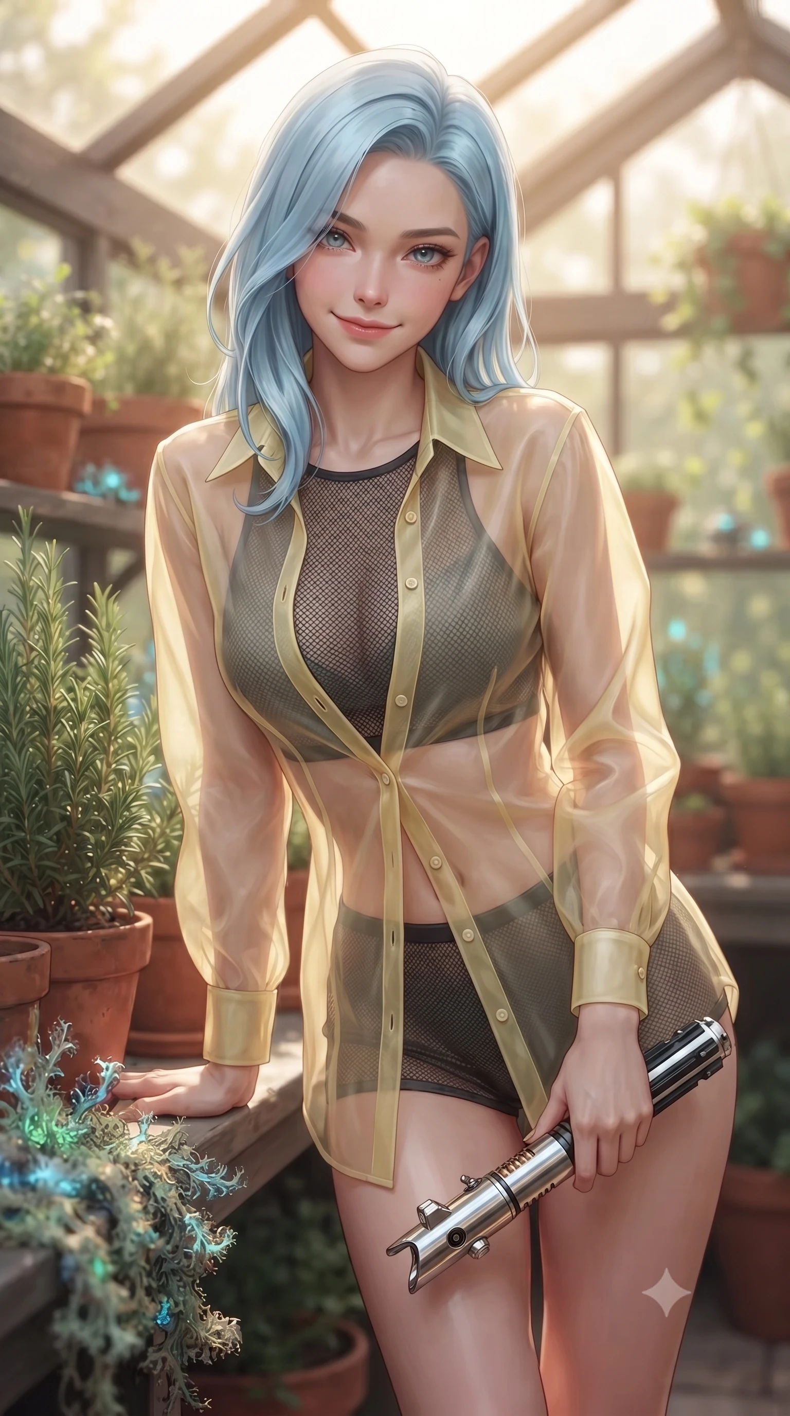 score_9, masterpiece, best quality, ultra-detailed, high-budget anime keyframe, editorial fashion photography, tasteful artistic composition, Korean woman. close-up cowboy shot from the waist and thighs up, the character dominates the composition, filling the frame with her large presence, background elements kept in soft focus. leaning slightly forward with a playful, teasing smile while holding a deactivated plasma saber hilt, the background shows a soft-focus a cozy garden greenhouse, surrounded by terracotta pots, rosemary, and cyber-lichens. She has an exceptionally elegant, slender, and willowy female figure with an ultra-slim waist, a gracefully sculpted slender torso, and a refined silhouette. sharp v-shaped jawline, high-bridge nose, intricate jewel-like eyes with depth, thick eyelashes, glossy lips with a natural sheen. wearing a body-hugging sheer organza combat shirt in pale yellow, worn open over a carbon-mesh crop top and micro-shorts. warm, diffused daylight creating a quiet and productive mood. ultra-reflective glossy finish, specular highlights, metallic sheen, high-contrast stereoscopic depth, volumetric dynamic lighting, 2k, ultra detail, master piece, 9:16 ratio