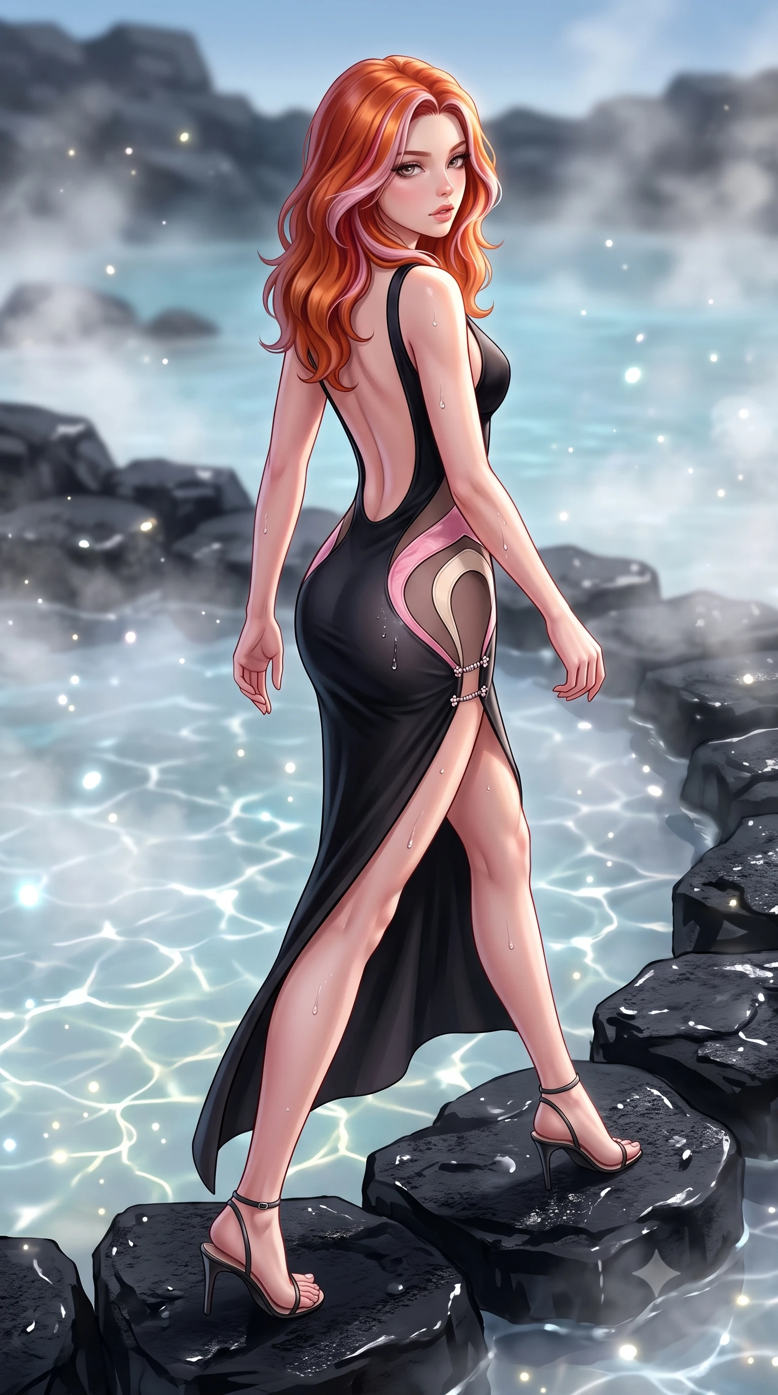 score_9, masterpiece, best quality, ultra-detailed, high-budget anime keyframe, semi-realistic 3D game render, editorial fashion photography, tasteful artistic composition, Caucasian woman. low angle full-body shot from head to toe showing her feet, filling the entire 9:16 vertical frame with her statuesque presence, stretching her vertical silhouette. striding forward in a proud supermodel runway stride, hips swaying in an alluring kinetic rhythm that accentuates her curvy hourglass silhouette while sitting on the black basalt rock rim of the steaming geothermal lagoon, water droplets beading on her hip as she glances back with parted lips. The composition keeps background elements in soft focus with creamy bokeh. shimmering silica water caustics and drifting steam particles scattering ethereal glowing light motes. She has an exceptionally tall and slender model-like 8.5-heads proportion, an ultra-slim waist, a flat toned midriff, narrow delicate ribcage, and beautifully sculpted feminine hips creating a graceful, slim hourglass silhouette without any bulky heaviness, with impossibly long slender legs. sharp v-shaped jawline, high-bridge nose, intricate jewel-like eyes with depth, thick eyelashes, glossy parted lips with a natural sheen, intensely captivating and seductive bedroom-eyes expression, flawlessly proportioned anatomical accuracy, strict slender model proportions, natural body alignment, perfectly sculpted long slender limbs, ultra-slim waistline, clean dynamic posture without body distortion. wearing a second-skin black silk jersey maxi dress with asymmetrical sheer mesh side panels tracing the full curve of her hip in sakura blossom pink and warm ivory, crafted from second-skin supple lambskin leather with liquid drape, finished with an ultra-high side slit secured by miniature jeweled clasps, the dramatically scooped open back descending to the base of her spine, accentuating her razor-sharp statuesque lines and slim hourglass silhouette. surrounded by an otherworldly, serene, and deeply sensual Arctic geothermal nymph aura. highly saturated vibrant anime colors, detailed shading with soft gradients, rich glossy textures, high-contrast stereoscopic depth, volumetric dynamic lighting, master piece, 9:16 ratio