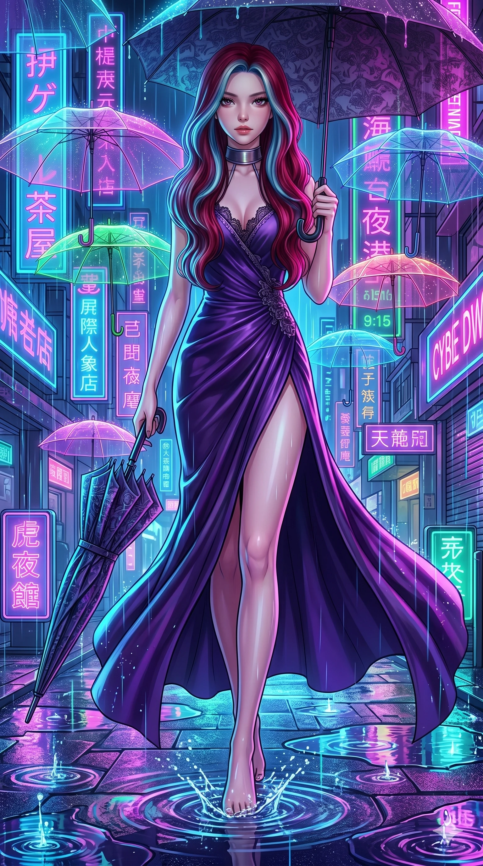 score_9, masterpiece, best quality, ultra-detailed, high-budget anime keyframe, Japanese woman. upper body close-up from the thighs up, character filling the screen for maximum presence. navigating a wet neon-lit future street under colorful floating umbrellas as translucent neon raindrops fall, creating brilliant splash ripples. She has an absolutely perfect 8-heads proportion, an exceptionally tall and slender female figure with impossibly long slender legs and an ultra-slim waist. V-shaped jawline, high-bridge nose, intricate jewel-like eyes with depth, thick eyelashes, glossy lips with a natural sheen.. wearing a gothic liquid silk gown, featuring a deep purple liquid silk maxi gown draped around her, secured by a metallic choker collar, with a high elegant side slit. bathed in brilliant cinematic volumetric lighting and intense neon rim light highlighting her slender form. 2k, ultra detail, master piece, 9:16 ratio