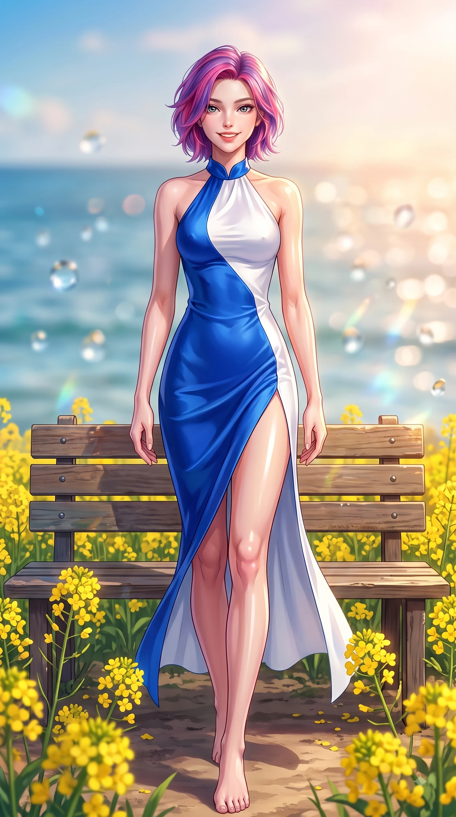 score_9, masterpiece, best quality, ultra-detailed, high-budget anime keyframe, editorial fashion photography, tasteful artistic composition, Caucasian woman. low angle full-body shot from head to toe showing her feet, filling the entire 9:16 vertical frame with her statuesque presence, stretching her vertical silhouette. walking forward in a proud dynamic stride with a cheerful beaming smile, her vertical silhouette filling the frame while sitting playfully on a wooden bench framed by yellow canola flowers with a radiant smile. The composition keeps background elements in soft focus with dreamy bokeh. warm tropical ocean light reflecting off water droplets blurred into a soft backdrop. She has an absolutely perfect, statuesque 8.5-heads proportion, an exceptionally tall and slender model-like female figure with impossibly long slender legs and an ultra-slim waist. sharp v-shaped jawline, high-bridge nose, intricate jewel-like eyes with depth, thick eyelashes, glossy lips with a natural sheen, flawlessly proportioned anatomical accuracy, natural body alignment, perfectly sculpted elegant limbs, clean dynamic posture without body distortion. wearing a delicate silk halter-neck dress following her curves gracefully in vibrant cobalt blue and crisp snow white, crafted from smooth liquid silk satin, featuring a sleek side leg slit ascending to mid-thigh, the sleek second-skin texture accentuating her magnetic presence. bathed in bright tropical sunshine and glittering ocean water refractions. highly saturated vibrant anime colors, detailed shading with soft gradients, rich glossy textures, high-contrast stereoscopic depth, volumetric dynamic lighting, master piece, 9:16 ratio