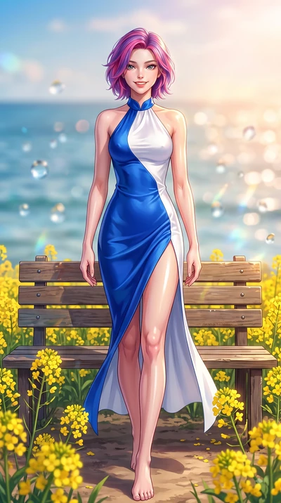 score_9, masterpiece, best quality, ultra-detailed, high-budget anime keyframe, editorial fashion photography, tasteful artistic composition, Caucasian woman. low angle full-body shot from head to toe showing her feet, filling the entire 9:16 vertica