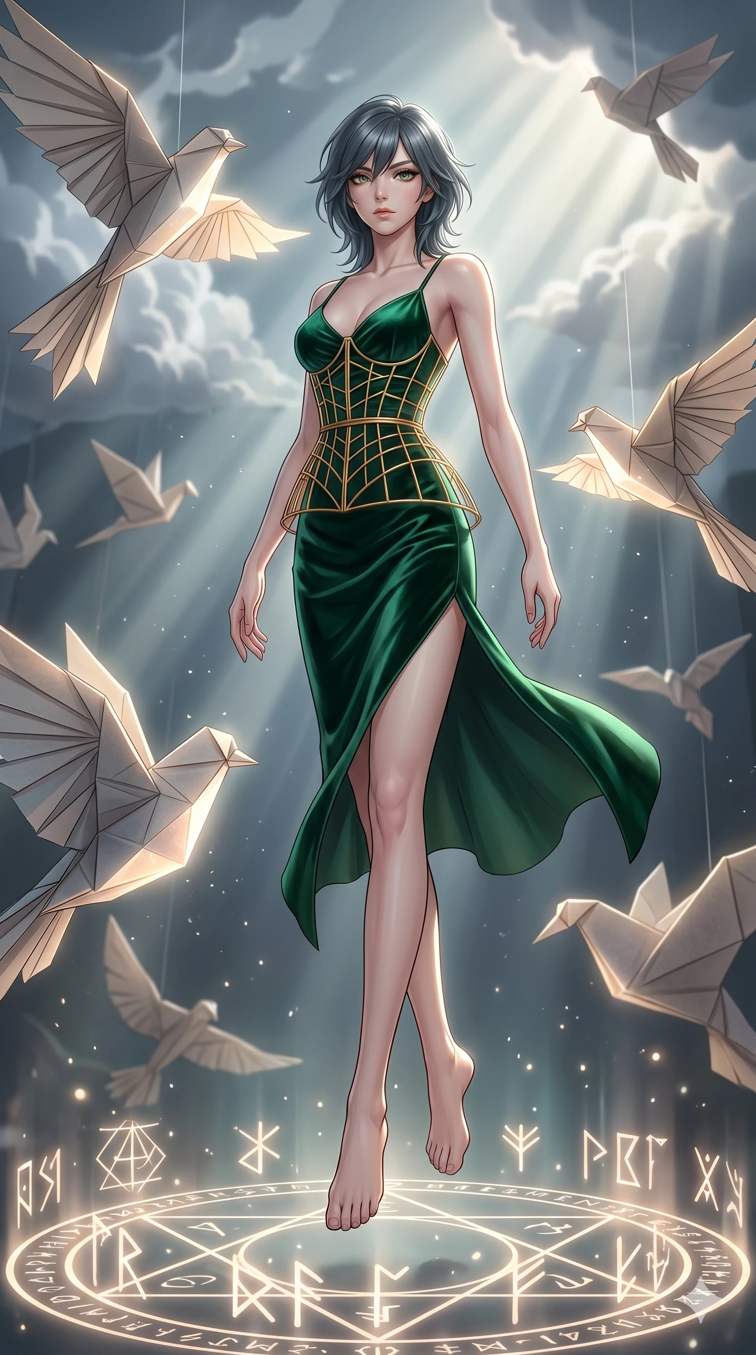score_9, masterpiece, best quality, ultra-detailed, high-budget anime keyframe, editorial fashion photography, tasteful artistic composition, Caucasian woman, strictly human ears. low angle full-body shot from head to toe showing her feet, filling the entire 9:16 vertical frame with her statuesque presence, stretching her vertical silhouette. leaping upwards into in a suspended origami forest where massive paper birds float and glow as glowing runes and symbols fade in and out on the ground. She has an absolutely perfect 8-heads proportion, an exceptionally tall and slender female figure with impossibly long slender legs and an ultra-slim waist. V-shaped jawline, high-bridge nose, intricate jewel-like eyes with depth, thick eyelashes, glossy lips with a natural sheen.. wearing a mathematical gold wire cage corset and an emerald green silk velvet slip dress with an asymmetric elegant knee-high side slit. bathed in dramatic god rays filtering through clouds with high specular highlights along her silhouette. 2k, ultra detail, master piece, 9:16 ratio