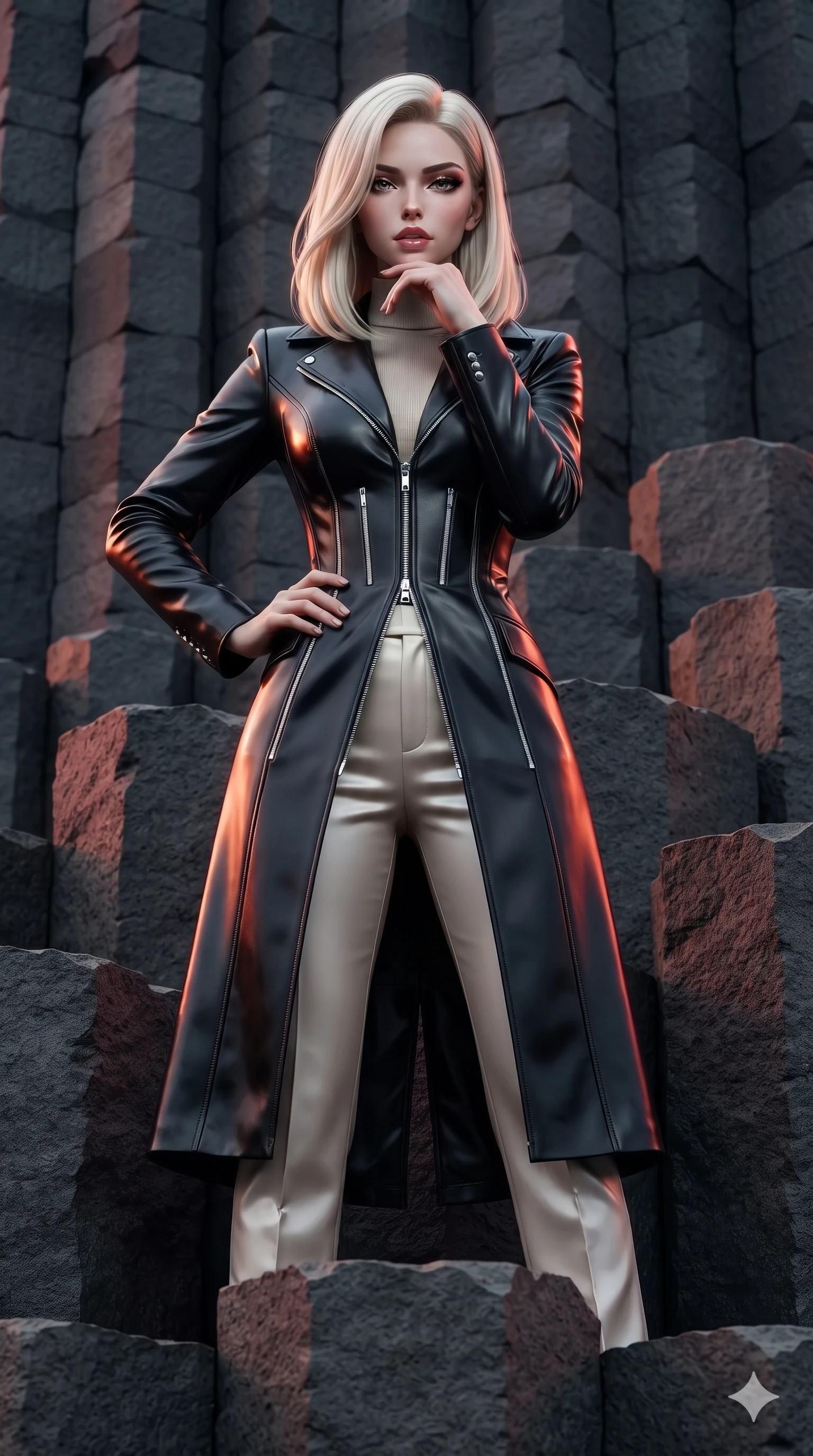 score_9, masterpiece, best quality, ultra-detailed, high-budget anime keyframe, editorial fashion photography, tasteful artistic composition, Caucasian woman. close-up cowboy shot from the waist and thighs up, the character dominates the composition, filling the frame with her large presence. resting her chin on the backs of her fingers with an air of effortless superiority and parted glossy lips while standing tall atop a stepped basalt hexagonal column, one hand on her hip as she looks into the lens with smoldering, dangerous intensity. The surrounding environment is rendered in vivid detail and crisp panoramic clarity: detailed off-shoulder velvet bodycon dress cling, low-back scoop tailoring, and massive stone architecture in razor-sharp clarity. She has an exceptionally elegant, slender, and willowy female figure with an ultra-slim waist, flat toned midriff, narrow ribcage, and sculpted feminine hips creating an alluring, slim hourglass silhouette without bulk. sharp v-shaped jawline, high-bridge nose, intricate jewel-like dark sparkling eyes with hypnotic seductive depth, thick curled eyelashes, glossy parted lips with a natural wine sheen, alluring bedroom-eyes with an enigmatic smoldering smile, exuding magnetic sovereign charisma and dark avant-garde glamour, flawlessly proportioned anatomical accuracy, strict slender model proportions, natural body alignment, perfectly sculpted long slender limbs, ultra-slim waistline, clean dynamic posture without body distortion. wearing a structured dark leather long coat over a turtleneck and tailored slacks in celestial champagne ivory and high-gloss jet black, tailored from soft dark satin with subtle light-absorbing depth, finished with metallic silver boning and sleek zipper points, the bespoke structured tailoring following the natural line of her 8.5-heads silhouette with refined elegance. illuminated by volcanic stone bounce and sharp scarlet-amber rim lights defining her razor-sharp jawline, narrow waist, and curvy hips. ultra-reflective glossy finish, specular highlights, metallic sheen, high-contrast stereoscopic depth, volumetric dynamic lighting, 2k, ultra detail, master piece, 9:16 ratio