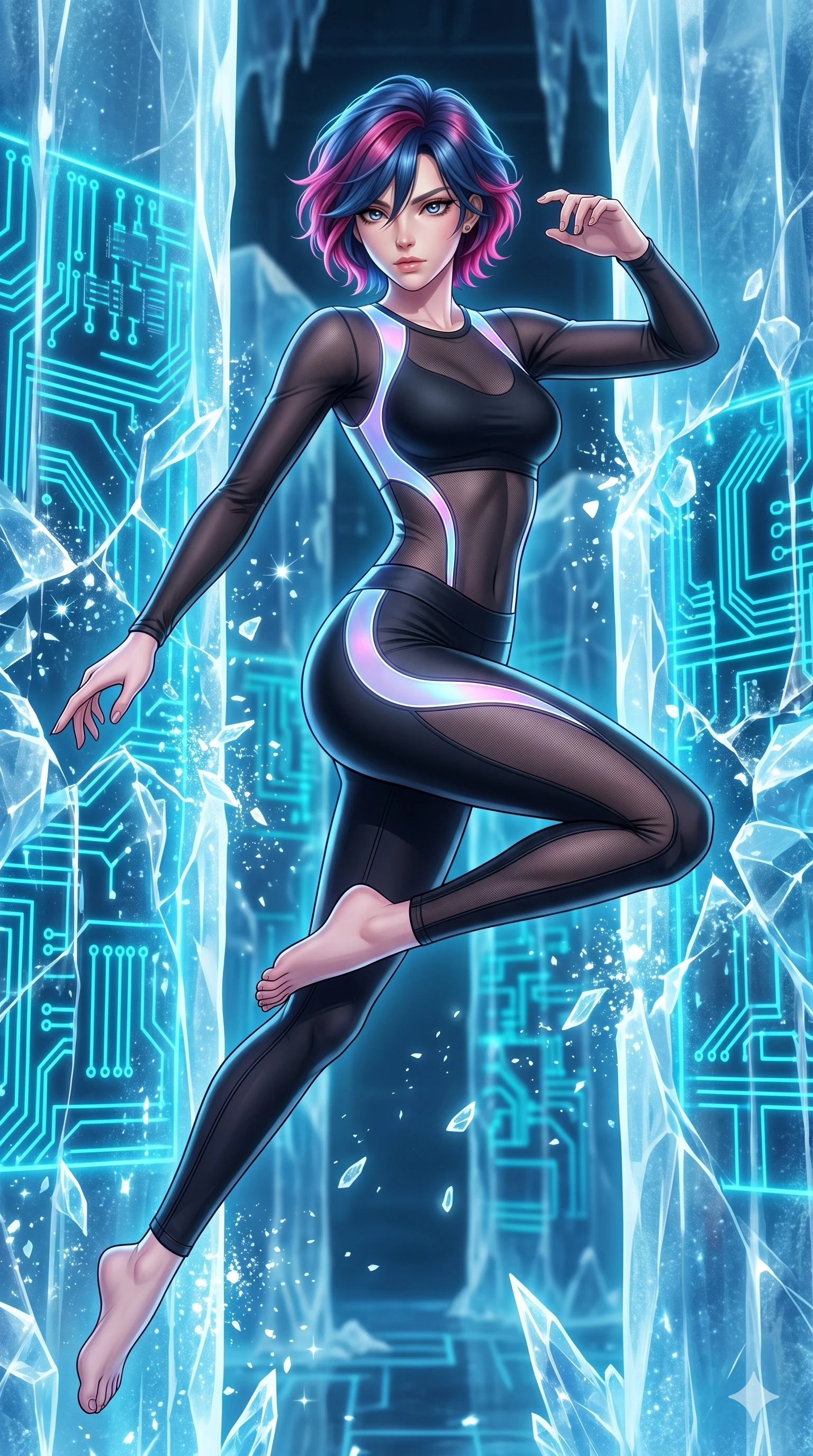 score_9, masterpiece, best quality, ultra-detailed, high-budget anime keyframe, Caucasian woman, strictly human ears. upper body close-up from the thighs up, character filling the screen for maximum presence. leaping inside a sub-zero cybernetic ice temple, where glowing neon cyan computer circuit boards are frozen within transparent ice pillars, fracturing ice crystals into sparkles around her. She has an absolutely perfect 8-heads proportion, an exceptionally tall and slender female figure with impossibly long slender legs and an ultra-slim waist. V-shaped jawline, high-bridge nose, intricate jewel-like eyes with depth, thick eyelashes, glossy lips with a natural sheen.. wearing a sheer mesh athleisure set, featuring a tight matte black top and leggings with semi-opaque mesh panels tracing the curves of her waist and thighs. enhanced by a luminous pastel spectrum glow, casting elegant rim lights on her shoulders and jawline. 2k, ultra detail, master piece, 9:16 ratio