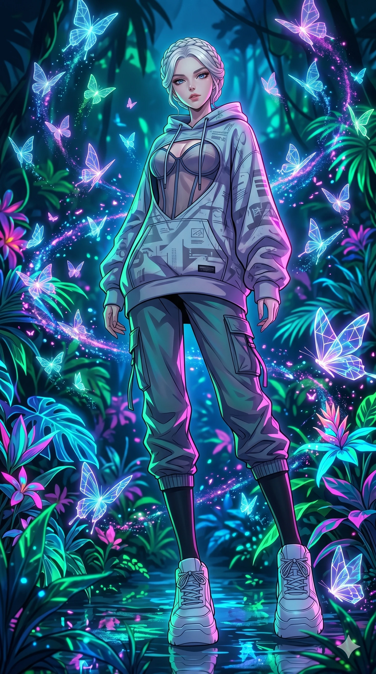 score_9, masterpiece, best quality, ultra-detailed, High-budget Anime Keyframe, vibrant colors, fluid line-art, expressive lighting, cinematic composition, Ufotable-style visual effects, top-tier animation quality, Japanese woman with delicate and elegant anime-inspired features. Dynamic full-body shot stretching the vertical silhouette, capturing her from a powerful low-angle perspective. Surrounded by a swarm of digital butterflies that leave trails of neon dust. She has an absolutely perfect 8-heads proportion, an exceptionally tall and slender female figure with impossibly long slender legs and an ultra-slim waist, her statuesque height and towering silhouette dominating the vertical 9:16 frame. Her face is a masterpiece featuring a sharp v-shaped jawline, high-bridge nose, intricate jewel-like eyes with depth, thick eyelashes, and glossy lips with a natural sheen. She is wearing a Oversized designer hoodie worn as a dress, paired with technical cargo joggers, a sheer corset top, and platform sneakers with knee-high socks.. The scene is set in a bioluminescent jungle where every leaf and flower glows with a unique frequency. 2k, ultra detail, master piece, 9:16 ratio