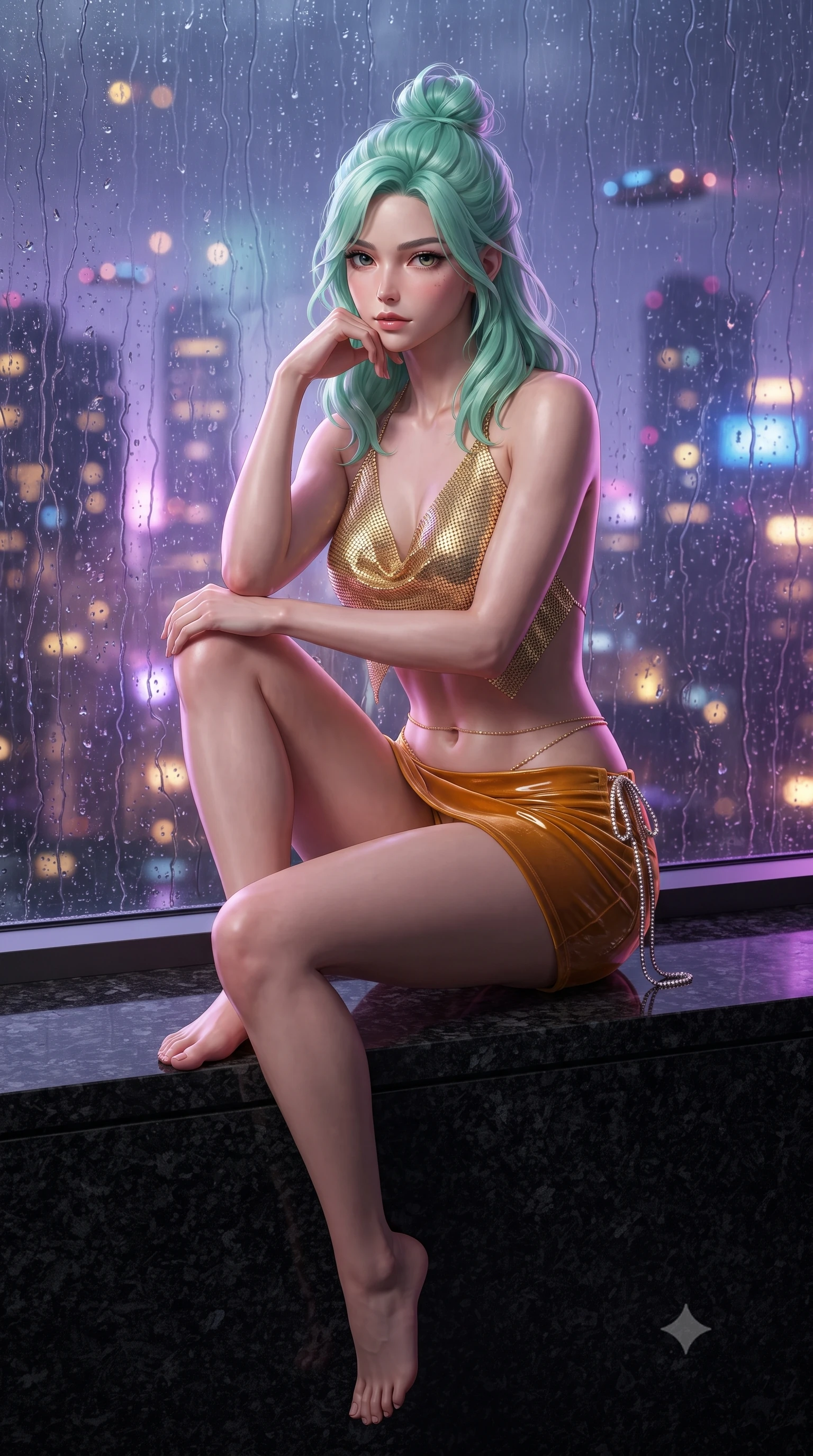 score_9, masterpiece, best quality, ultra-detailed, high-budget anime keyframe, editorial fashion photography, tasteful artistic composition, Japanese woman. low angle full-body shot from head to toe showing her feet, filling the entire 9:16 vertical frame with her statuesque presence, stretching her vertical silhouette. lounging on the lavish daybed with legs crossed and hips angled toward the camera, displaying her toned midriff and long slender limbs with effortless siren poise while sitting perched on the wide black granite sill with one knee drawn up, resting her chin on her hand with sovereign dangerous allure. The background shows a soft-focus heavy cascading rain rivulets on glass, glowing vertical megacity spires, and flying commuter shuttles blurred into violet, gold, and sapphire bokeh. She has an absolutely perfect, statuesque 8.5-heads proportion, an exceptionally tall and slender model-like female figure with impossibly long slender legs, an ultra-slim waist, a flat toned midriff, narrow delicate ribcage, and beautifully sculpted feminine hips creating a graceful, slim hourglass silhouette without any bulky heaviness. sharp v-shaped jawline, high-bridge nose, sparkling eyes with hypnotic seductive depth, thick curled eyelashes, glossy parted lips with a natural dewy peach sheen, alluring bedroom-eyes with an enchanting coquettish smile, exuding magnetic siren charisma and sophisticated glamour, flawlessly proportioned anatomical accuracy, strict slender model proportions, natural body alignment, perfectly sculpted long slender limbs, ultra-slim waistline, clean dynamic posture without body distortion. wearing a liquid gold chainmail cowl halter top paired with an ultra-low-rise velvet mini skirt and side rhinestone ties in warm amber honey and antique gold leaf, crafted from wet-look high-gloss vinyl fabric with dazzling specular surface reflections, accented with a dainty gold belly chain resting across her flat midriff and curving hips, the second-skin tailored fabric adhering flawlessly to her sculpted flat midriff and slender torso, emphasizing her long leg lines and perfectly proportioned willowy build. illuminated by granite sill reflection bounce and sharp electric-magenta rim lights sculpting her jawline, flat midriff, and voluptuous hip curves. ultra-reflective glossy finish, specular highlights, rich textural contrasts, high-contrast stereoscopic depth, volumetric dynamic lighting, 2k, ultra detail, master piece, 9:16 ratio