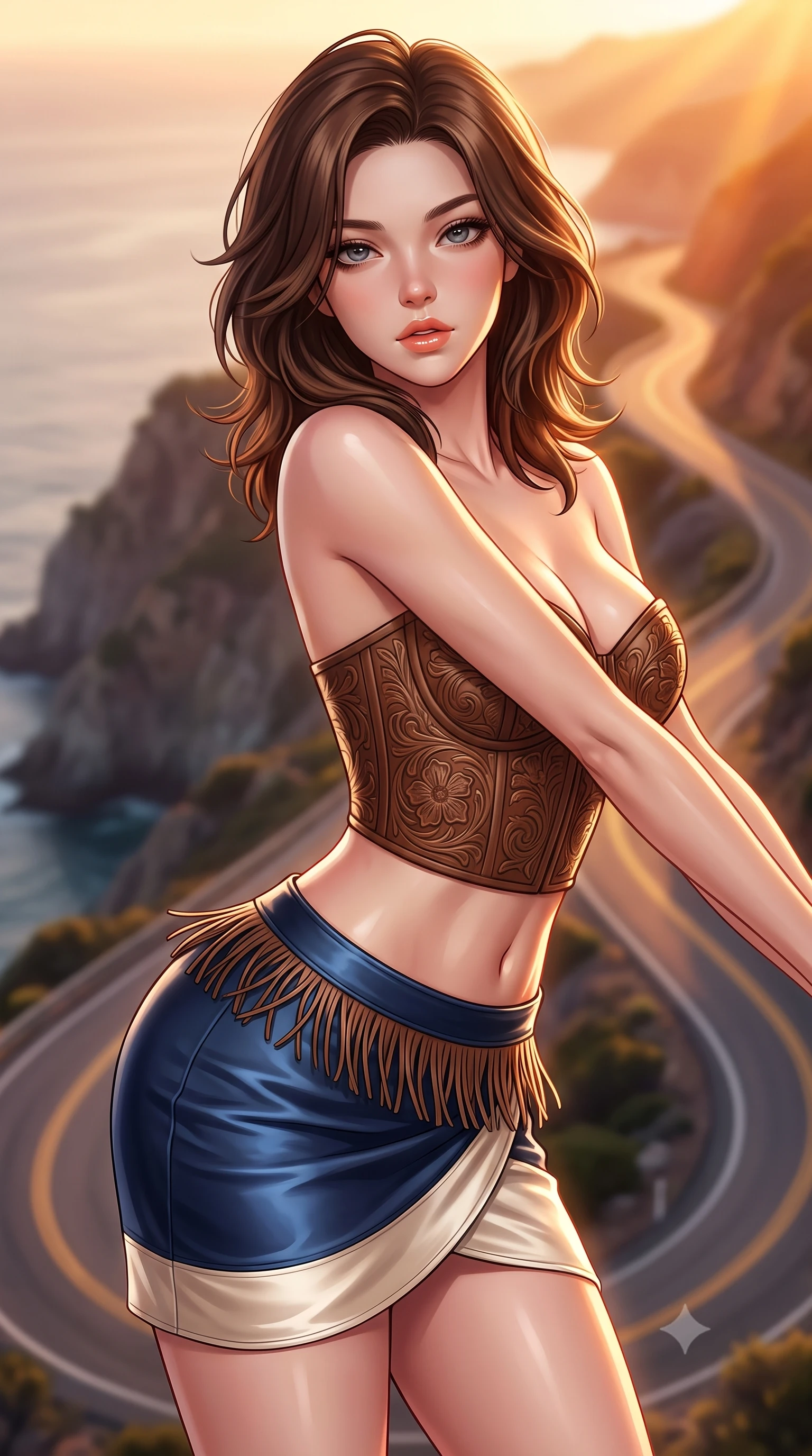 score_9, masterpiece, best quality, ultra-detailed, high-budget anime keyframe, semi-realistic 3D game render, editorial fashion photography, tasteful artistic composition, Korean woman. close-up cowboy shot from the waist and thighs up, the character dominates the composition, filling the frame with her large presence. leaning forward while arching her lower back to accentuate her curvy hips, looking into the camera with an intoxicating smoldering gaze and bedroom-eyes while twisting her slender torso in an alluring S-curve, fiery sunset rays tracing her form-fitting outfit and curvy hips. The background shows a soft-focus winding coastal serpentine roads softened in dramatic sunset cliff shallow focus. She has an exceptionally elegant, slender, and willowy female figure with an ultra-slim waist, flat toned midriff, narrow ribcage, and sculpted feminine hips creating an alluring, slim hourglass silhouette without bulk. sharp v-shaped jawline, high-bridge nose, sparkling eyes with hypnotic seductive depth, thick curled eyelashes, glossy parted lips with a natural dewy peach sheen, alluring bedroom-eyes with an enchanting coquettish smile, exuding magnetic siren charisma and sophisticated glamour, flawlessly proportioned anatomical accuracy, strict slender model proportions, natural body alignment, perfectly sculpted long slender limbs, ultra-slim waistline, clean dynamic posture without body distortion. wearing a structured boned leatherette corset bodice with western floral tooling paired with a micro-wrap denim skirt in French Riviera navy blue and warm champagne ivory, crafted from fluid liquid silk satin that clings smoothly to every curve with a dewy sheen, finished with a delicate leather fringe trim fluttering along her hip line with kinetic charm, the liquid-tight tailored fabric clinging flawlessly to her narrow waist and rounded feminine hips, emphasizing every millimeter of her sculpted slim hourglass curves without any bulky heaviness. illuminated by open ocean reflection fill and sharp warm-gold rim lights sculpting her razor-sharp jawline, flat midriff, and curvy hips. highly saturated vibrant anime colors, detailed shading with soft gradients, rich glossy textures, high-contrast stereoscopic depth, volumetric dynamic lighting, master piece, 9:16 ratio