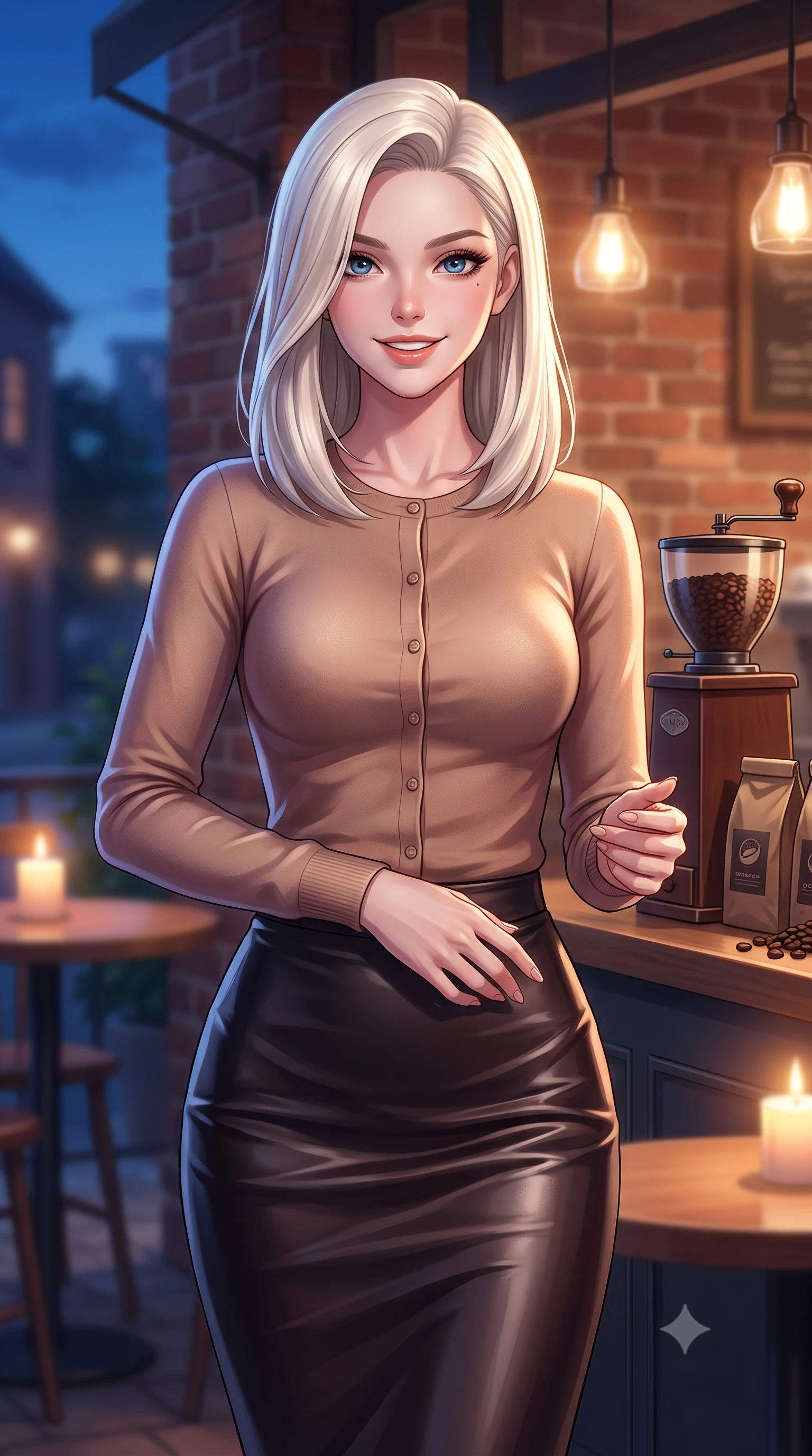 score_9, masterpiece, best quality, ultra-detailed, high-budget anime keyframe, editorial fashion photography, tasteful artistic composition, Caucasian woman. close-up cowboy shot from the waist and thighs up, the character dominates the composition, filling the frame with her large presence, background elements kept in soft focus. smiling with cute and bright self-assurance, looking directly at the viewer set against a soft-focus background of at a cozy outdoor terrace table of a brick-walled bakery cafe with a vintage coffee grinder and bags of coffee beans on the counter behind her. She has an exceptionally elegant, slender, and willowy female figure with an ultra-slim waist, a gracefully sculpted slender torso, and a refined silhouette. sharp v-shaped jawline, high-bridge nose, intricate jewel-like eyes with depth, thick eyelashes, glossy lips with a natural sheen. wearing form-contouring tight-fitting cashmere cardigan closed, paired with a sleek leather midi skirt. soft candle glow and warm pendant lights clashing with the cool blue dusk sky. highly saturated vibrant anime colors, detailed shading with soft gradients, rich glossy textures, high-contrast stereoscopic depth, volumetric dynamic lighting, master piece, 9:16 ratio