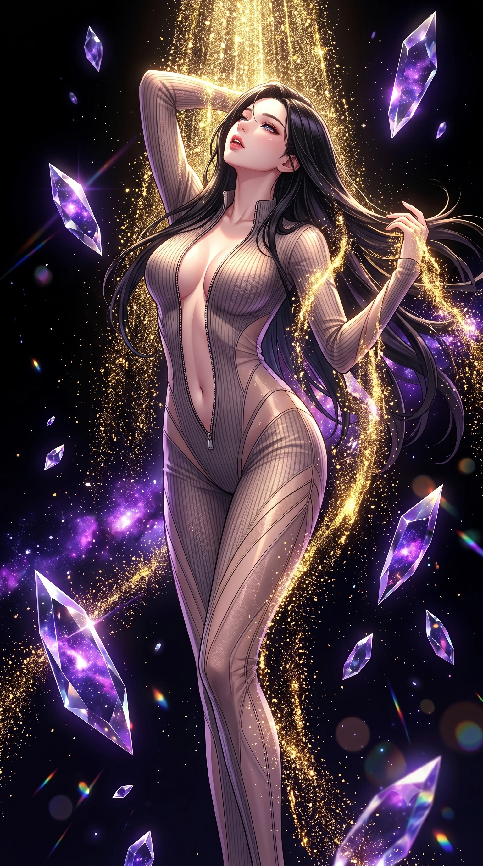 score_9, masterpiece, best quality, ultra-detailed, High-budget Anime Keyframe, East Asian woman. Dynamic full-body shot stretching the vertical silhouette to the limit. Scenario 332: showering under a cascade of glittering gold stardust inside a dark void filled with floating crystal shards reflecting purple nebulae. Her presence is magnetic and overpowering in this high-budget anime scene. Outfit 332: a body-hugging ribbed bodycon knit micro-mesh with a unzipped detail and translucent layers. The clothing is designed to emphasize her exceptionally tall and slender 8-heads proportion. 8-heads proportion, towering silhouette, ultra-slim waist. sharp v-shaped jawline, intricate jewel-like eyes with depth, thick eyelashes, glossy lips. 2k, ultra detail, master piece, 9:16 ratio