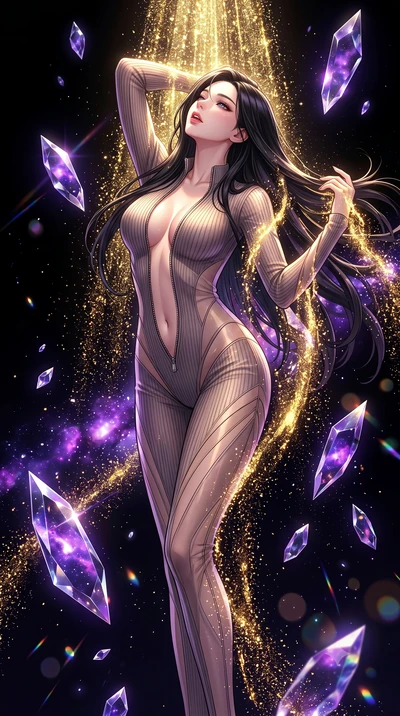 score_9, masterpiece, best quality, ultra-detailed, High-budget Anime Keyframe, East Asian woman. Dynamic full-body shot stretching the vertical silhouette to the limit. Scenario 332: showering under a cascade of glittering gold stardust inside a dar