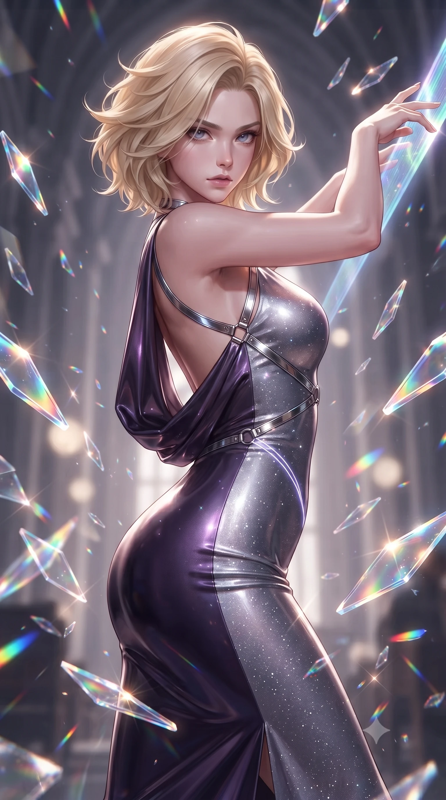 score_9, masterpiece, best quality, ultra-detailed, high-budget anime keyframe, editorial fashion photography, tasteful artistic composition, Caucasian woman. close-up cowboy shot from the waist and thighs up, the character dominates the composition, filling the frame with her large presence. extending one arm gracefully toward the light while her torso arches in a sleek, alluring curve with magnetic intensity while pivoting dynamically amidst a suspended vortex of glowing neon glass shards inside a grand cyber-cathedral. The composition keeps background elements in soft focus with creamy bokeh. holographic light beams and atmospheric fog softened by creamy shallow focus. She has an exceptionally elegant, slender, and willowy female figure with an ultra-slim waist, a gracefully sculpted slender torso, and a refined silhouette. sharp v-shaped jawline, high-bridge nose, intricate jewel-like eyes with depth, thick eyelashes, glossy lips with a natural sheen, flawlessly proportioned anatomical accuracy, natural body alignment, perfectly sculpted elegant limbs, clean dynamic posture without body distortion. wearing a precision-fitted liquid jersey bodycon dress with a dramatic draped cowl back that swoops down to her waist in dark amethyst purple and shimmering starlight silver, crafted from ultra-reflective second-skin latex with a glass-like polish, reinforced by a sleek metallic chrome harness and delicate glowing micro-straps, the form-contouring second-skin material highlighting her ultra-slim waist and long lines. illuminated by sparkling rainbow prismatic refractions from glass shards and sharp side key lights. ultra-reflective glossy finish, specular highlights, metallic sheen, high-contrast stereoscopic depth, volumetric dynamic lighting, 2k, ultra detail, master piece, 9:16 ratio