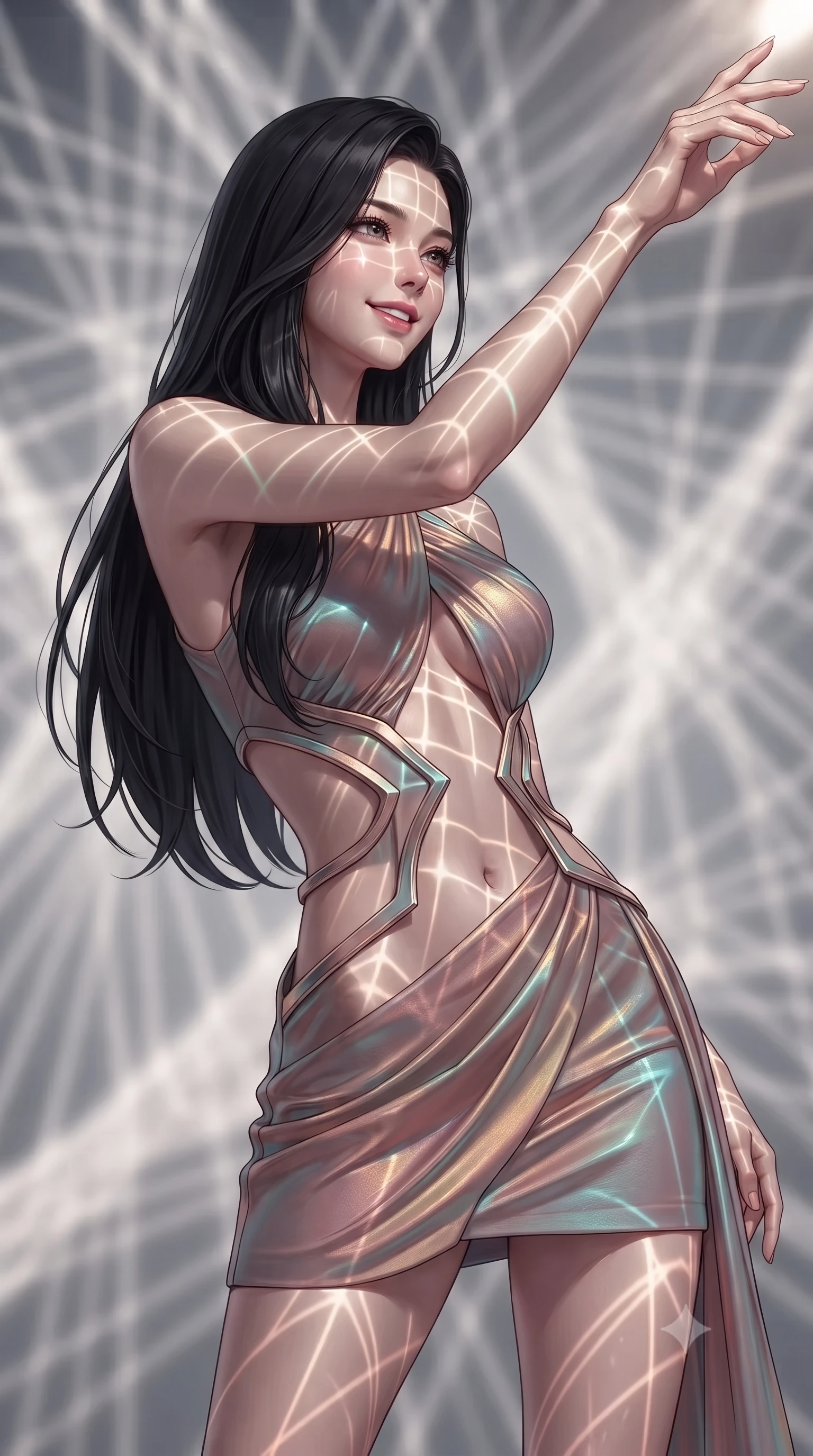 score_9, masterpiece, best quality, ultra-detailed, high-budget anime keyframe, editorial fashion photography, tasteful artistic composition, Korean woman. close-up cowboy shot from the waist and thighs up, the character dominates the composition, filling the frame with her large presence, background elements kept in soft focus. Extending one arm in an elegant stretch toward the light while smiling with magnetic self-assurance while pivoting her torso in an S-curve alignment inside a 3D fiber-optic loom void, intricate geometric lattice patterns of light projected onto her skin. She has an exceptionally elegant, slender, and willowy female figure with an ultra-slim waist, a gracefully sculpted slender torso, and a refined silhouette. sharp v-shaped jawline, high-bridge nose, intricate jewel-like eyes with depth, thick eyelashes, glossy lips with a natural sheen, flawlessly proportioned anatomical accuracy, natural body alignment, perfectly sculpted elegant limbs, clean dynamic posture without body distortion. wearing a dramatic open-waist cutout mini dress framed by sculptural hardware in dusty rose and champagne gold, crafted from iridescent chiffon that shifts colors in the light, featuring subtle geometric cutouts that highlight her ultra-slim midriff, the tailored fabric tightly following every curve of her athletic build. bathed in sharp geometric laser grid highlights and soft ambient fill. ultra-reflective glossy finish, specular highlights, metallic sheen, high-contrast stereoscopic depth, volumetric dynamic lighting, 2k, ultra detail, master piece, 9:16 ratio