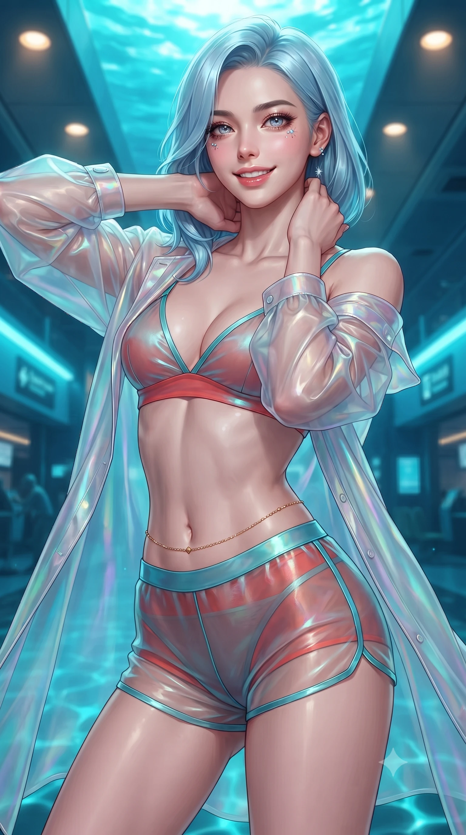 score_9, masterpiece, best quality, ultra-detailed, high-budget anime keyframe, editorial fashion photography, tasteful artistic composition, Korean woman. close-up cowboy shot from the waist and thighs up, the character dominates the composition, filling the frame with her large presence. resting both hands lightly behind her neck with elbows raised, arching her spine to highlight her narrow waist, flat midriff, and breathtaking collarbones while twisting her slender torso in an alluring S-curve beside the departure concourse, pulsating turquoise water caustics caressing her flat midriff and hips. The surrounding environment is rendered in vivid detail and crisp panoramic clarity: detailed garment drape, high-gloss second-skin fit, and world-class underwater infrastructure in high resolution. She has an exceptionally elegant, slender, and willowy female figure with an ultra-slim waist, flat toned midriff, narrow ribcage, and sculpted feminine hips creating an alluring, slim hourglass silhouette without bulk. sharp v-shaped jawline, high-bridge nose, intricate jewel-like sparkling eyes with depth, thick eyelashes, glossy parted lips with a natural peach sheen, bright cheerful beaming smile with an enchanting and coquettish sensual glint, exuding both youthful cute charm and seductive allure, flawlessly proportioned anatomical accuracy, strict slender model proportions, natural body alignment, perfectly sculpted long slender limbs, ultra-slim waistline, clean dynamic posture without body distortion. wearing a translucent iridescent organza tactical robe slipping off bare shoulders over a matching satin micro-bralette and combat shorts in cyber-shinto vermilion and laser turquoise, made of sheer gossamer chiffon that drapes softly against skin with airy translucence, accented with a dainty gold belly chain resting across her flat midriff and curving hips, the form-contouring silhouette accentuating her sculpted flat midriff, narrow delicate ribcage, and gracefully curvy hips with intoxicating allure. bathed in brilliant underwater cyan caustic ribbons combined with warm 2800K platform recessed downlights. ultra-reflective glossy finish, specular highlights, rich textural contrasts, high-contrast stereoscopic depth, volumetric dynamic lighting, 2k, ultra detail, master piece, 9:16 ratio