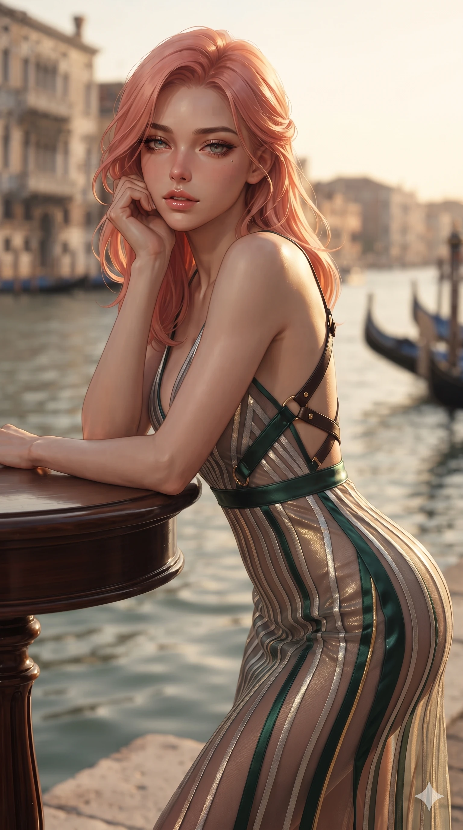 score_9, masterpiece, best quality, ultra-detailed, high-budget anime keyframe, editorial fashion photography, tasteful artistic composition, Japanese woman. close-up cowboy shot from the waist and thighs up, the character dominates the composition, filling the frame with her large presence. resting one elbow on the table and supporting her chin, leaning close to the camera with heavy-lidded sparkling eyes and parted lips while twisting her slender torso in an alluring S-curve, golden dawn light and deep canal shadows painting sharp highlights across her narrow waist and curvy hips. The background shows a soft-focus morning lagoon atmospheric shimmer softened in grand canal quay shallow focus. She has an exceptionally elegant, slender, and willowy female figure with an ultra-slim waist, flat toned midriff, narrow ribcage, and sculpted feminine hips creating an alluring, slim hourglass silhouette without bulk. sharp v-shaped jawline, high-bridge nose, intricate jewel-like sparkling eyes with depth, thick eyelashes, glossy parted lips with a natural sheen, intensely captivating and seductive bedroom-eyes expression, exuding both youthful cute charm and sovereign luxury allure, flawlessly proportioned anatomical accuracy, strict slender model proportions, natural body alignment, perfectly sculpted long slender limbs, ultra-slim waistline, clean dynamic posture without body distortion. wearing a plunge-front sheer illusion tulle slip dress with liquid platinum ribbon stripes hugging her curves in deep emerald green satin and gold hardware accents, crafted from luxurious metallic lamé that shifts radiance with every step, featuring an open-back criss-cross harness strap in dark leather, the impeccably tailored cut draping gracefully along her slender figure with aristocratic poise. bathed in the warm radiant 2600K horizontal rays of the rising Adriatic sun casting dramatic elongated shadows. ultra-reflective glossy finish, specular highlights, rich textural contrasts, high-contrast stereoscopic depth, volumetric dynamic lighting, 2k, ultra detail, master piece, 9:16 ratio
