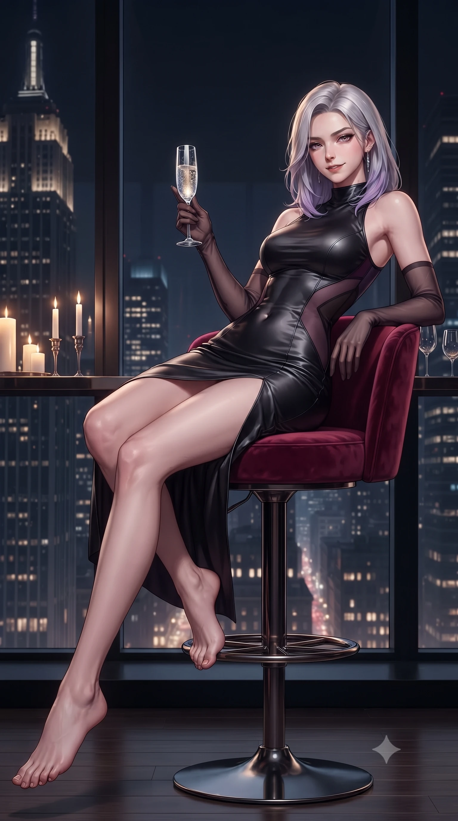 score_9, masterpiece, best quality, ultra-detailed, high-budget anime keyframe, editorial fashion photography, tasteful artistic composition, Caucasian woman. low angle full-body shot from head to toe showing her feet, filling the entire 9:16 vertical frame with her statuesque presence, stretching her vertical silhouette. reclining languidly across the velvet banquette with one knee bent and hips angled toward the camera, displaying her toned midriff and long slender limbs with effortless sensual charisma while sitting perched on a plush velvet swivel barstool before towering floor-to-ceiling glass windows, arching her lower back with a dangerous smoldering half-smile and crystal champagne flute in hand. The surrounding environment is rendered in vivid detail and crisp panoramic clarity. detailed fabric drape, fine ice reflections in glassware, and architectural Manhattan skyline clarity in high resolution. She has an exceptionally tall and slender model-like 8.5-heads proportion, an ultra-slim waist, a flat toned midriff, narrow delicate ribcage, and beautifully sculpted feminine hips creating a graceful, slim hourglass silhouette without any bulky heaviness, with impossibly long slender legs. sharp v-shaped jawline, high-bridge nose, intricate jewel-like dark sparkling eyes with dangerous depth, thick curled eyelashes, glossy parted lips with a rich wine sheen, smoldering seductive half-smile with bedroom-eyes, exuding effortless superiority and intoxicating dark allure, flawlessly proportioned anatomical accuracy, strict slender model proportions, natural body alignment, perfectly sculpted long slender limbs, ultra-slim waistline, clean dynamic posture without body distortion. wearing a high-neck sleeveless bodycon dress in textured matte obsidian with side-torso semi-sheer mesh inserts in rich plum violet and deep onyx black, crafted from heavy fluid silk satin with a liquid mirror-like drape, complemented by sheer dark opera gloves reaching past her elbows, the high-waisted tailoring accentuating her ultra-slim waistline and the enchanting curve of her feminine hips with alluring dark charm. bathed in warm golden candle accents and dim ambient bar backlights contrasting sharply with cool midnight glass reflections. ultra-reflective glossy finish, specular highlights, rich textural contrasts, high-contrast stereoscopic depth, volumetric dynamic lighting, 2k, ultra detail, master piece, 9:16 ratio