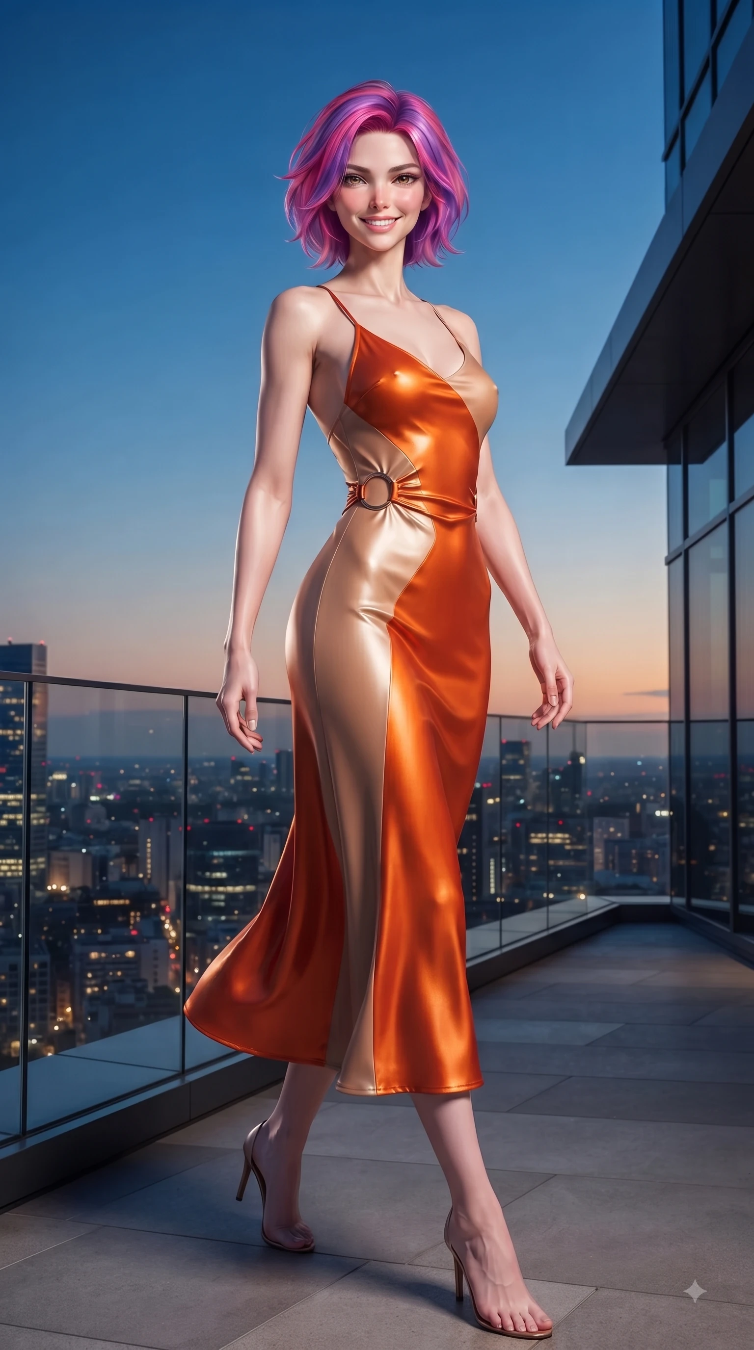 score_9, masterpiece, best quality, ultra-detailed, high-budget anime keyframe, editorial fashion photography, tasteful artistic composition, Caucasian woman. low angle full-body shot from head to toe showing her feet, filling the entire 9:16 vertical frame with her statuesque presence, stretching her vertical silhouette. pivoting dynamically with a fresh infectious smile, her ultra-slim waist creating a sweeping fluid curve while stepping gracefully onto an open-air rooftop terrace as sunset city lights twinkle below. The surrounding environment is rendered in vivid detail and crisp panoramic clarity. intricate city skyline details, twilight sky gradients, and modern architectural lines in high clarity. She has an absolutely perfect, statuesque 8.5-heads proportion, an exceptionally tall and slender model-like female figure with impossibly long slender legs and an ultra-slim waist. sharp v-shaped jawline, high-bridge nose, intricate jewel-like eyes with depth, thick eyelashes, glossy lips with a natural sheen, flawlessly proportioned anatomical accuracy, natural body alignment, perfectly sculpted elegant limbs, clean dynamic posture without body distortion. wearing a precision-fitted liquid satin slip dress with fluid draped lines and an open back in bright burnt orange and warm beige, tailored from fine wool crepe with clean lines, accented with subtle metallic ring hardware framing her waist, the form-contouring material highlighting her ultra-slim waist and long lines. surrounded by a sophisticated, glamorous, and modern nightlife aura. ultra-reflective glossy finish, specular highlights, metallic sheen, high-contrast stereoscopic depth, volumetric dynamic lighting, 2k, ultra detail, master piece, 9:16 ratio