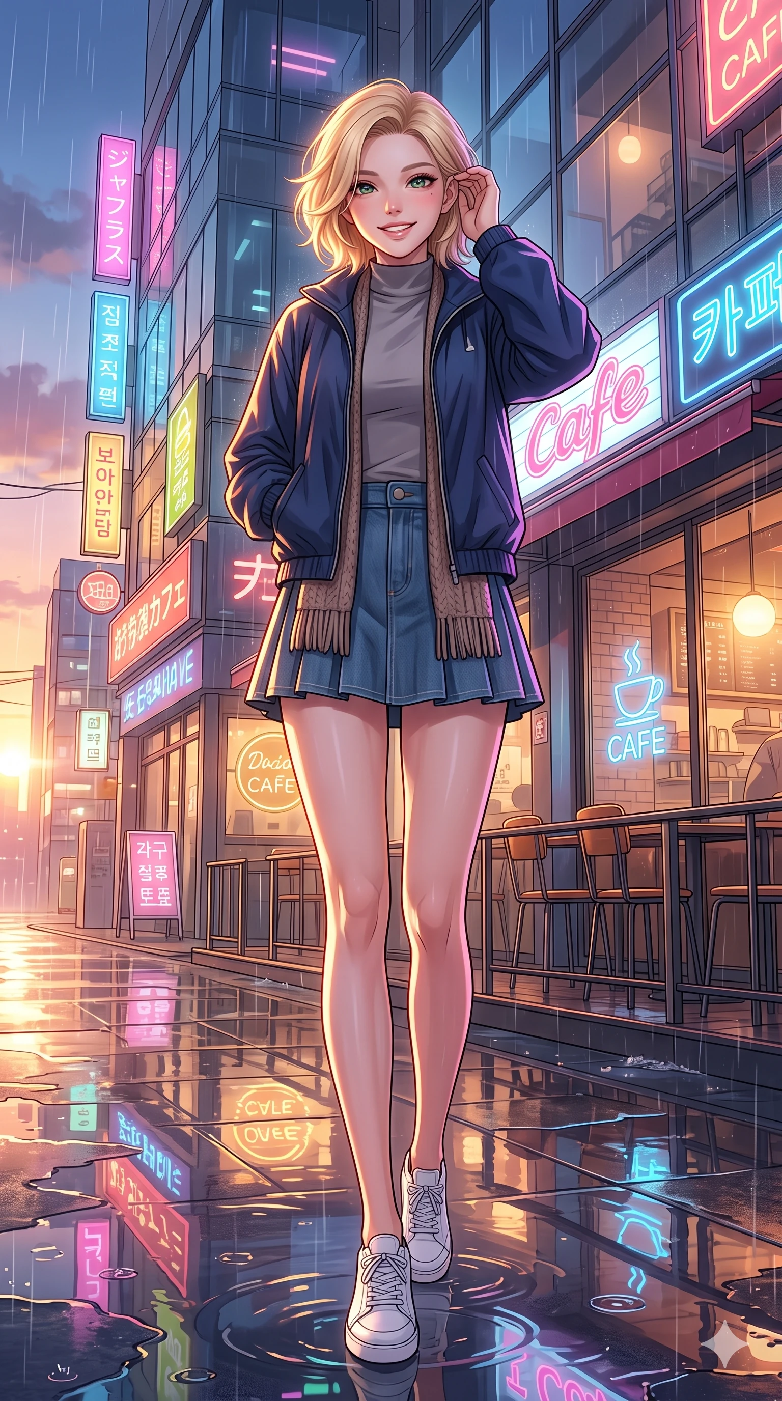 score_9, masterpiece, best quality, ultra-detailed, high-budget anime keyframe, vibrant anime aesthetic, Caucasian woman, strictly human ears. low angle full-body shot from head to toe showing her feet, filling the entire 9:16 vertical frame with her statuesque presence, stretching her vertical silhouette. She is smiling delightfully while tucking a lock of hair behind her ear, gazing at the camera with sparkling eyes with a gentle tilt of her head. by a glowing neon-lit cafe terrace overlooking a reflective puddle-filled street during a twilight shower (Code-P22-006). She has an absolutely perfect 8-heads proportion, an exceptionally tall and slender female figure with impossibly long slender legs and an ultra-slim waist. V-shaped jawline, high-bridge nose, intricate jewel-like eyes with depth, thick eyelashes, glossy lips with a natural sheen. wearing a modern windbreaker in navy over a high-neck shirt and a pleated denim skirt with a knitted scarf. She is bathed in soft, glowing golden hour sun casting long, elegant shadows, highlighting her winking face and glossy lips in the rainy afternoon. 2k, ultra detail, master piece, 9:16 ratio