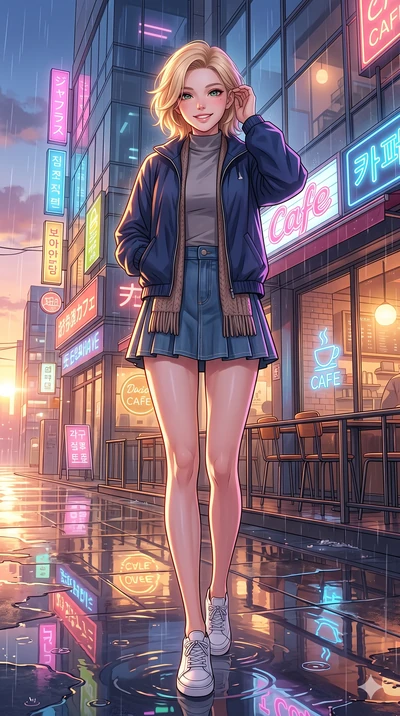 score_9, masterpiece, best quality, ultra-detailed, high-budget anime keyframe, vibrant anime aesthetic, Caucasian woman, strictly human ears. low angle full-body shot from head to toe showing her feet, filling the entire 9:16 vertical frame with her
