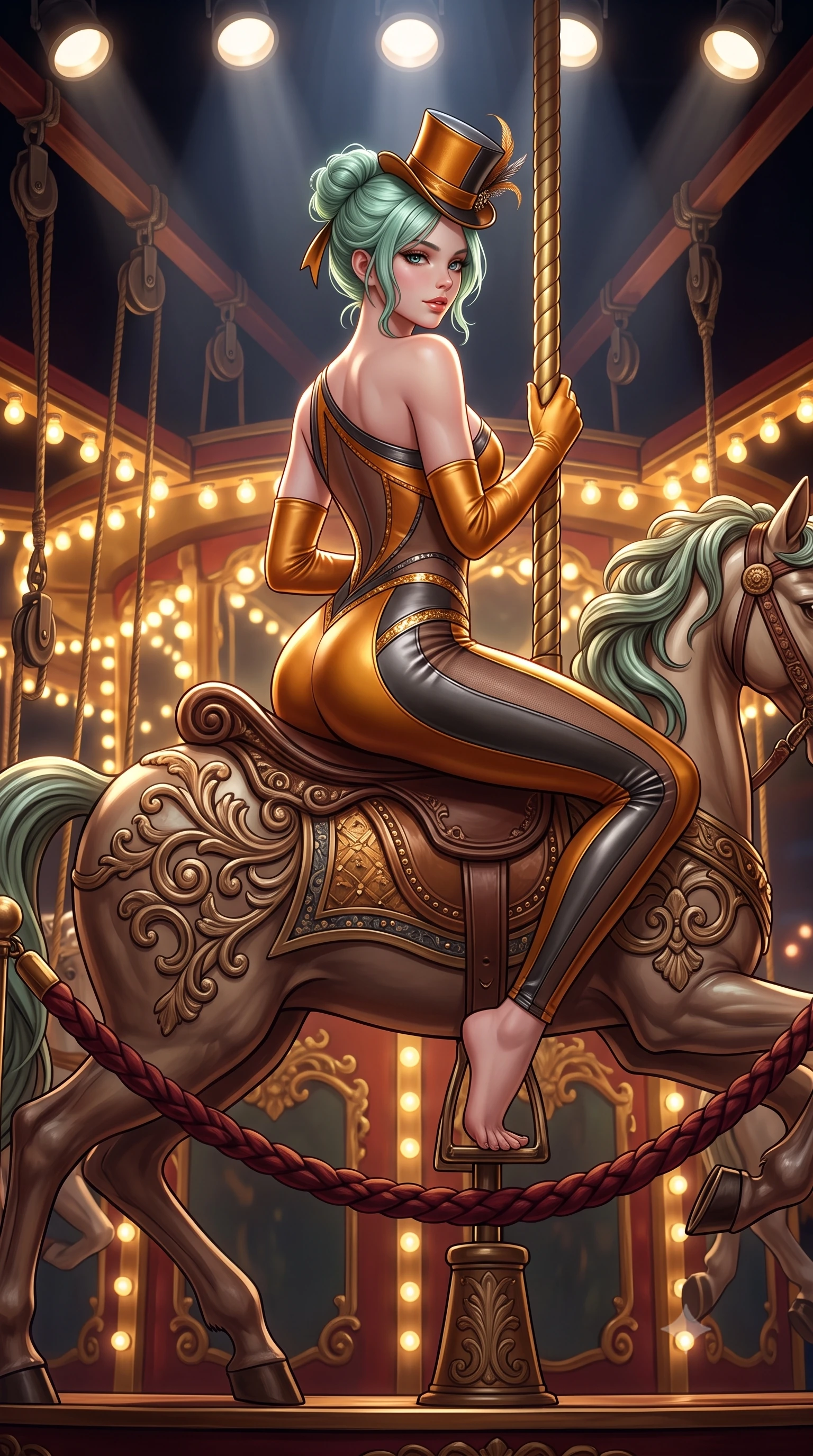 score_9, masterpiece, best quality, ultra-detailed, high-budget anime keyframe, semi-realistic 3D game render, editorial fashion photography, tasteful artistic composition, Japanese woman. low angle full-body shot from head to toe showing her feet, filling the entire 9:16 vertical frame with her statuesque presence, stretching her vertical silhouette. posing with back turned slightly to the lens, glancing back with smoldering allure as she arches her lower back to emphasize her sculpted feminine hips and slender waist while perching sideways on the saddle of an antique carousel horse, looking back over a bare shoulder with an intoxicating, teasing smile. The surrounding environment is rendered in vivid detail and crisp panoramic clarity. sharp carved carousel filigree, velvet rope braid textures, and circus platform rigging in deep focus. She has an absolutely perfect, statuesque 8.5-heads proportion, an exceptionally tall and slender model-like female figure with impossibly long slender legs, a toned flat midriff, an ultra-slim waist, and beautifully sculpted feminine hips. sharp v-shaped jawline, high-bridge nose, intricate jewel-like eyes with depth, thick eyelashes, glossy parted lips with a natural sheen, intensely captivating and seductive bedroom-eyes expression, flawlessly proportioned anatomical accuracy, strict slender model proportions, natural body alignment, perfectly sculpted long slender limbs, ultra-slim waistline, clean dynamic posture without body distortion. wearing an asymmetric one-shoulder carnival catsuit with sheer contouring mesh panels and sequin striping in molten amber-gold and dark gunmetal, formed from supple second-skin lambskin leather with liquid drape, accessorized with opera-length satin gloves and a miniature top-hat fascinator, the glove-like aerodynamic silhouette tightly following the natural contour of her hips and long slender legs with statuesque precision. bathed in dramatic overhead circular spotlight beams and warm golden carousel perimeter glow. highly saturated vibrant anime colors, detailed shading with soft gradients, rich glossy textures, high-contrast stereoscopic depth, volumetric dynamic lighting, master piece, 9:16 ratio