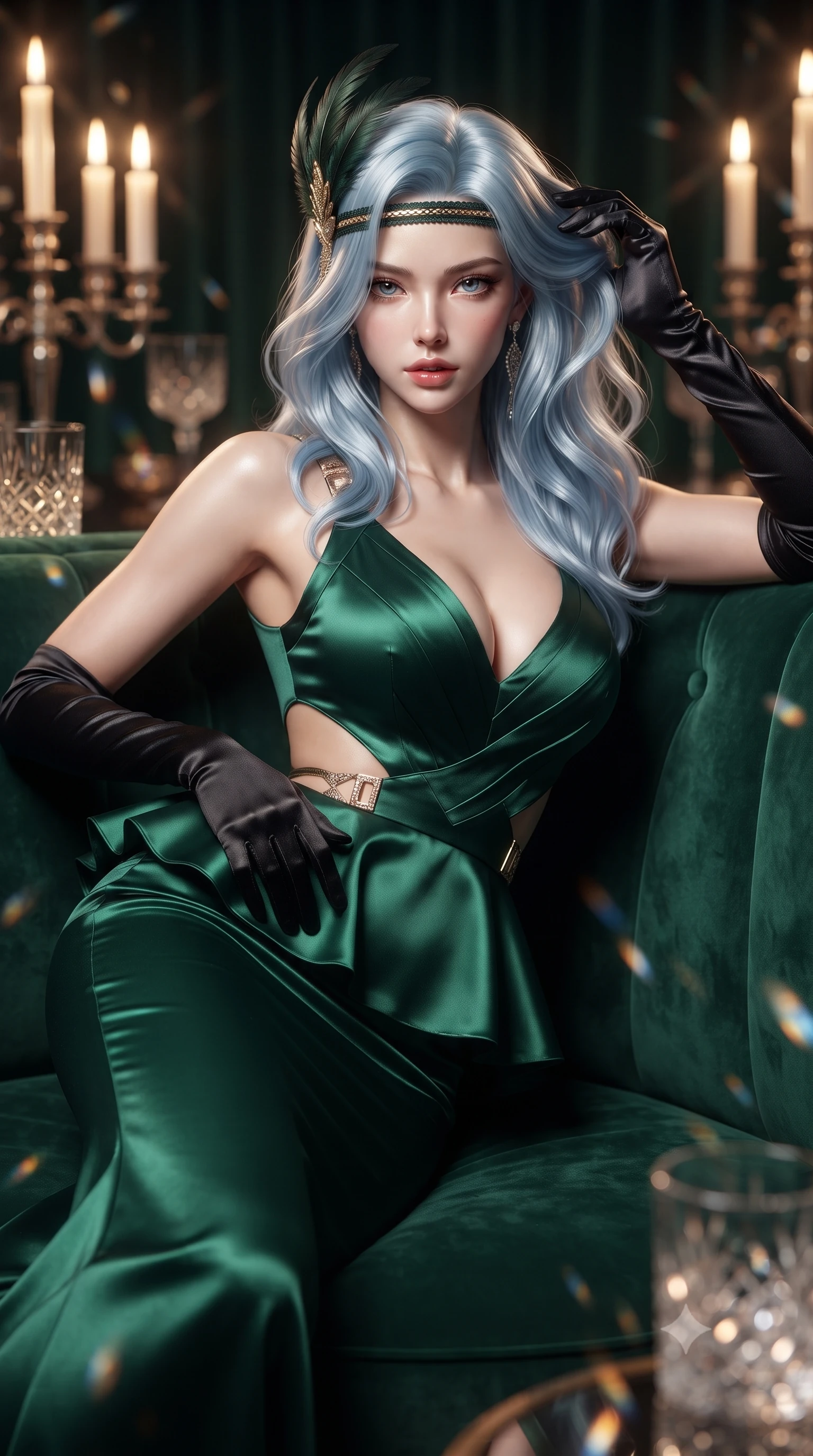 score_9, masterpiece, best quality, ultra-detailed, high-budget anime keyframe, editorial fashion photography, tasteful artistic composition, Korean woman. close-up cowboy shot from the waist and thighs up, the character dominates the composition, filling the frame with her large presence. resting one manicured hand delicately on her hip bone, her upper body turning in a fluid, seductive S-curve while parted lips glisten in the light while lounging languidly in a circular VIP booth of emerald velvet, running fingers through her glossy hair as jazz music drifts. The composition keeps background elements in soft focus with creamy bokeh. flickering candelabra flames and cut crystal glass refractions scattering warm decadent light motes. She has an exceptionally elegant, slender, and willowy female figure with an ultra-slim waist, a gracefully sculpted slender torso, toned flat midriff, and rounded feminine hips creating an alluring hourglass silhouette. sharp v-shaped jawline, high-bridge nose, intricate jewel-like eyes with depth, thick eyelashes, glossy parted lips with a natural sheen, intensely captivating and seductive bedroom-eyes expression, flawlessly proportioned anatomical accuracy, strict slender model proportions, natural body alignment, perfectly sculpted long slender limbs, ultra-slim waistline, clean dynamic posture without body distortion. wearing a form-contouring Art Deco geometric peplum gown with side-waist diamond cutouts in deep emerald green and polished gold hardware, tailored from ultra-smooth duchess satin with a pearlescent sheen, accessorized with opera-length black satin gloves and a feathered art deco headband, the second-skin form-contouring cut accentuating her sculpted flat midriff, narrow waistline, and dramatically curvy hips without adding bulk. surrounded by an opulent, scandalous, and irresistibly intoxicating jazz-age siren aura. ultra-reflective glossy finish, specular highlights, rich textural contrasts, high-contrast stereoscopic depth, volumetric dynamic lighting, 2k, ultra detail, master piece, 9:16 ratio