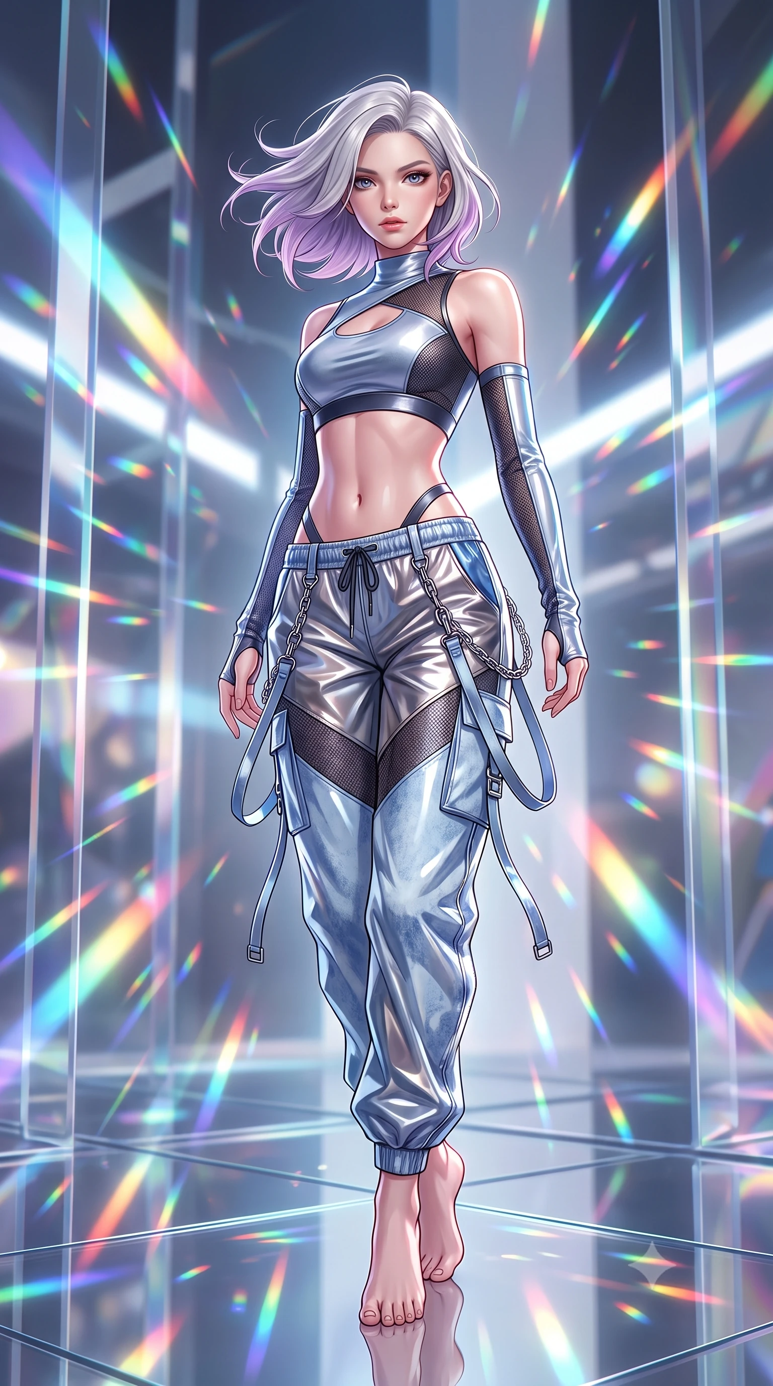 score_9, masterpiece, best quality, ultra-detailed, high-budget anime keyframe, semi-realistic 3D game render, editorial fashion photography, tasteful artistic composition, Caucasian woman. low angle full-body shot from head to toe showing her feet, filling the entire 9:16 vertical frame with her statuesque presence, stretching her vertical silhouette. landing lightly on the balls of her feet in a balanced kinetic stance, eyes locked onto the camera with fearless allure while pivoting gracefully on a mirrored floor as infinite reflections of light and color surround her slender frame. The composition keeps background elements in soft focus with creamy bokeh. refracted light beams and internal acrylic reflections scattering radiant chromatic light motes. She has an absolutely perfect, statuesque 8.5-heads proportion, an exceptionally tall and slender model-like female figure with impossibly long slender legs, a toned flat midriff, and an ultra-slim waist. sharp v-shaped jawline, high-bridge nose, intricate jewel-like eyes with depth, thick eyelashes, glossy lips with a natural sheen, captivating and magnetic expression, flawlessly proportioned anatomical accuracy, strict slender model proportions, natural body alignment, perfectly sculpted long slender limbs, ultra-slim waistline, clean dynamic posture without body distortion. wearing a sporty asymmetrical sleeve-warmer crop top with low-slung metallic parachute track pants in acid-wash light denim blue and silver chrome, crafted from high-gloss metallic ripstop nylon and flexible carbon mesh, accented with hanging industrial clip straps and chrome chain links, the liquid-tight tailored fabric emphasizing every curve of her tall, slender model proportions and sculptured silhouette during dynamic movement. surrounded by a cutting-edge, avant-garde, and mesmerizingly stylish future-fashion muse aura. highly saturated vibrant anime colors, detailed shading with soft gradients, rich glossy textures, high-contrast stereoscopic depth, volumetric dynamic lighting, master piece, 9:16 ratio