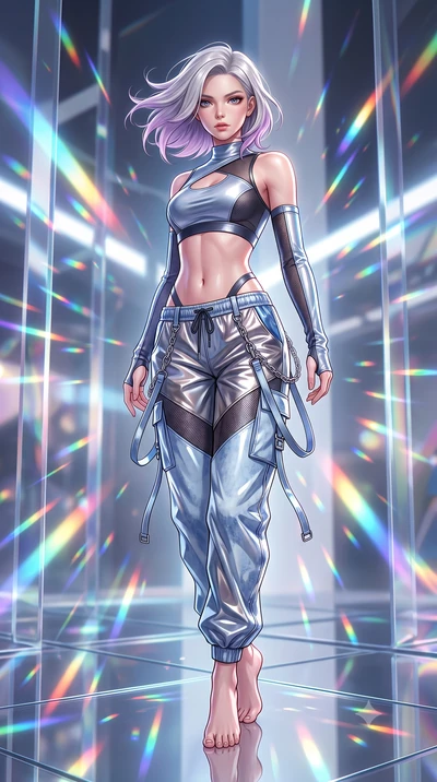 score_9, masterpiece, best quality, ultra-detailed, high-budget anime keyframe, semi-realistic 3D game render, editorial fashion photography, tasteful artistic composition, Caucasian woman. low angle full-body shot from head to toe showing her feet, 