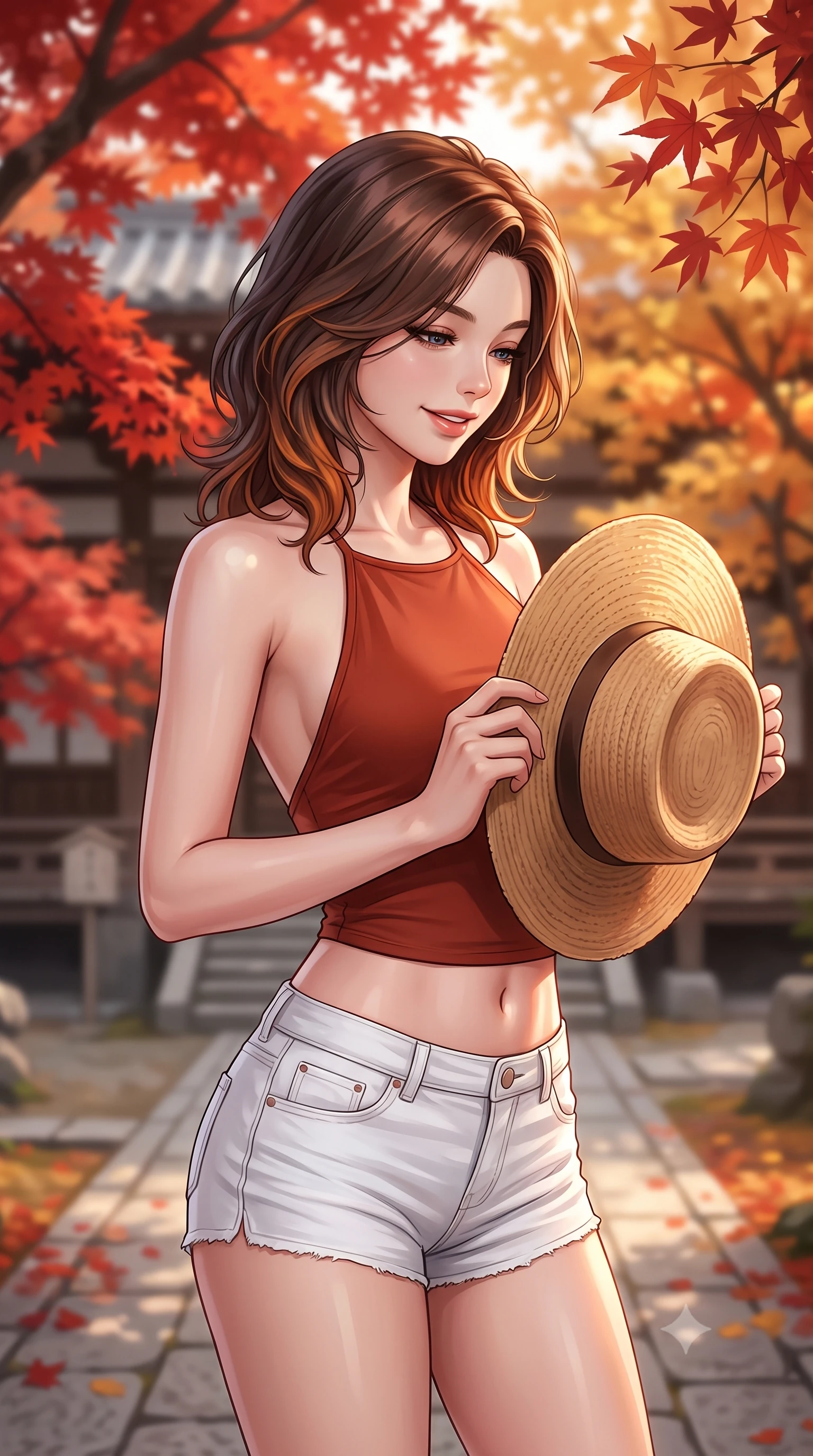 score_9, masterpiece, best quality, ultra-detailed, high-budget anime keyframe, editorial fashion photography, tasteful artistic composition, Korean woman woman. close-up cowboy shot from the waist and thighs up, the character dominates the composition, filling the frame with her large presence, background elements kept in soft focus. holding a wide-brimmed straw hat with both hands against the breeze, looking down with a soft smile the background shows a soft-focus a stone courtyard of an old temple filled with red and golden maple trees. She has an exceptionally elegant, slender, and willowy female figure with an ultra-slim waist, a gracefully sculpted slender torso, and a refined silhouette. sharp v-shaped jawline, high-bridge nose, intricate jewel-like eyes with depth, thick eyelashes, glossy lips with a natural sheen. wearing a slim-fit backless halter top in terracotta red, paired with white denim micro-shorts. warm orange and red hues of the afternoon sun reflecting off the foliage. 2k, ultra detail, master piece, 9:16 ratio
