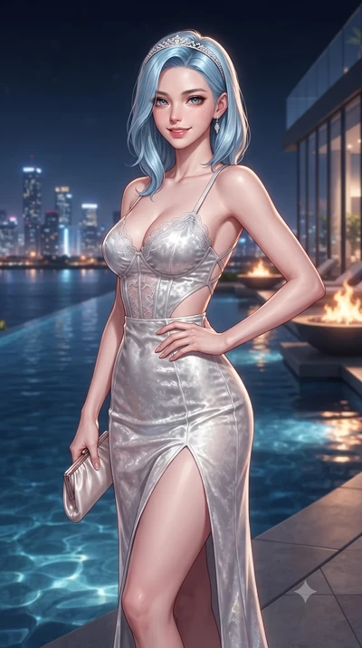 score_9, masterpiece, best quality, ultra-detailed, high-budget anime keyframe, editorial fashion photography, tasteful artistic composition, Korean woman. close-up cowboy shot from the waist and thighs up, the character dominates the composition, fi