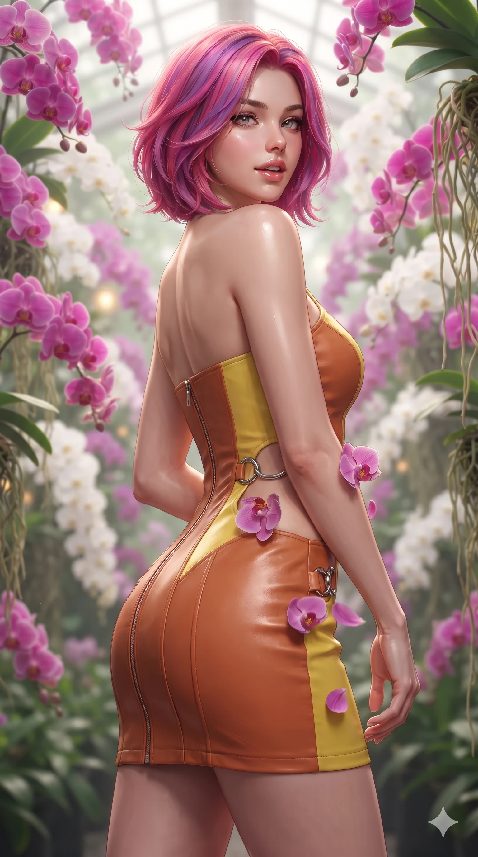 score_9, masterpiece, best quality, ultra-detailed, high-budget anime keyframe, editorial fashion photography, tasteful artistic composition, Caucasian woman. close-up cowboy shot from the waist and thighs up, the character dominates the composition, filling the frame with her large presence. posing in an alluring rear three-quarter angle, looking over a bare shoulder with parted glossy lips, her hips cocked back to highlight her slim hourglass curve while twisting her slender torso in an alluring S-curve, delicate magenta orchid petals brushing against her flat midriff and curvy hips. The background shows a soft-focus thousands of cascading magenta and white Phalaenopsis orchids, foggy glass trellises, and hanging roots blurred into fuchsia, white, and jade bokeh. She has an exceptionally elegant, slender, and willowy female figure with an ultra-slim waist, flat toned midriff, narrow ribcage, and sculpted feminine hips creating an alluring, slim hourglass silhouette without bulk. sharp v-shaped jawline, high-bridge nose, sparkling eyes with hypnotic seductive depth, thick curled eyelashes, glossy parted lips with a natural dewy peach sheen, alluring bedroom-eyes with an enchanting coquettish smile, exuding magnetic siren charisma and sophisticated glamour, flawlessly proportioned anatomical accuracy, strict slender model proportions, natural body alignment, perfectly sculpted long slender limbs, ultra-slim waistline, clean dynamic posture without body distortion. wearing a glove-like stretch lambskin leather corset mini dress with double-ended front zipper in sun-kissed terracotta and Amalfi lemon yellow, made of supple butter-soft lambskin leather with a subtle satin sheen, accented with sculptural chrome hardware rings framing the subtle cutouts, the form-contouring silhouette accentuating her sculpted flat midriff, narrow delicate ribcage, and gracefully curvy hips with intoxicating allure. bathed in soft, flattering filtered skylight mixed with warm golden accent lights beneath the floral arches. ultra-reflective glossy finish, specular highlights, rich textural contrasts, high-contrast stereoscopic depth, volumetric dynamic lighting, 2k, ultra detail, master piece, 9:16 ratio