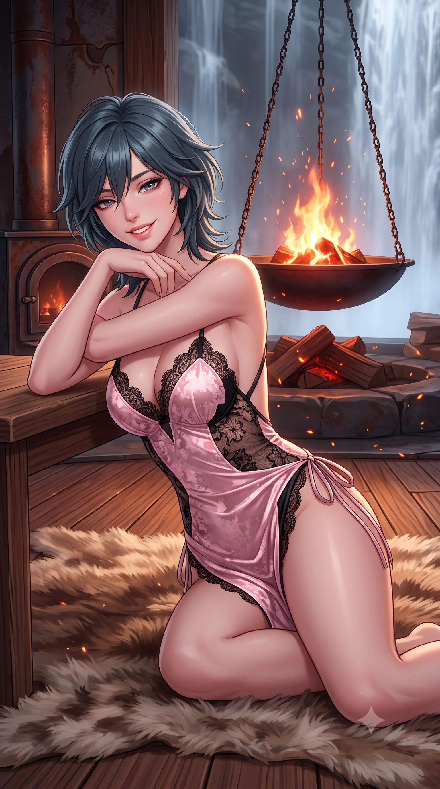 score_9, masterpiece, best quality, ultra-detailed, high-budget anime keyframe, semi-realistic 3D game render, editorial fashion photography, tasteful artistic composition, Caucasian woman. close-up cowboy shot from the waist and thighs up, the character dominates the composition, filling the frame with her large presence. resting one elbow on the table and supporting her chin, leaning close to the camera with heavy-lidded sparkling eyes and parted lips while twisting her slender torso in an alluring S-curve on the plush reindeer hide rug, dancing hearth embers highlighting her narrow waist. The surrounding environment is rendered in vivid detail and crisp panoramic clarity: sharp teak boardwalk grain, oxidized steel fireplace curves, and plush natural hide hair textures in deep focus. She has an exceptionally elegant, slender, and willowy female figure with an ultra-slim waist, flat toned midriff, narrow ribcage, and sculpted feminine hips creating an alluring, slim hourglass silhouette without bulk. sharp v-shaped jawline, high-bridge nose, intricate jewel-like sparkling eyes with depth, thick eyelashes, glossy parted lips with a natural peach sheen, bright cheerful beaming smile with an enchanting and coquettish sensual glint, exuding both youthful cute charm and seductive allure, flawlessly proportioned anatomical accuracy, strict slender model proportions, natural body alignment, perfectly sculpted long slender limbs, ultra-slim waistline, clean dynamic posture without body distortion. wearing an alluring semi-sheer botanical lace teddy with open back and delicate satin ties along the hips in Kyoto moonlit sakura blush and polished urushi black, tailored from ultra-plush silk velvet with rich tactile depth and deep shadow gradients, finished with scalloped eyelash lace trim framing her sweetheart neckline with intimate elegance, the high-slit wrap tailoring accentuating her ultra-slim waistline and the enchanting curve of her feminine hips with alluring seductive charm. bathed in the warm radiant 2100K hearth glow of the central suspended fire bowl mixed with cool silver waterfall mist. highly saturated vibrant anime colors, detailed shading with soft gradients, rich glossy textures, high-contrast stereoscopic depth, volumetric dynamic lighting, master piece, 9:16 ratio