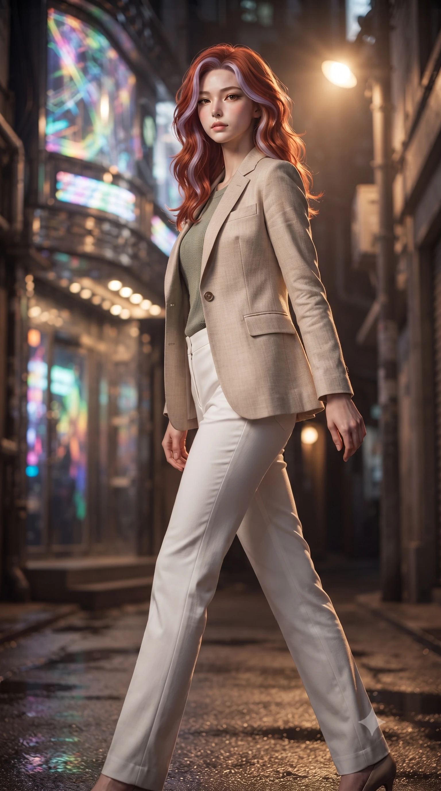 score_9, masterpiece, best quality, ultra-detailed, high-budget anime keyframe, editorial fashion photography, tasteful artistic composition, Caucasian woman. low angle full-body shot from head to toe showing her feet, filling the entire 9:16 vertical frame with her statuesque presence, stretching her vertical silhouette. stepping gracefully while looking back over her shoulder, her dress draped tightly to reveal her silhouette the background shows a soft-focus a secluded alleyway behind a glowing cybernetic theatre facade. She has an absolutely perfect, statuesque 8.5-heads proportion, an exceptionally tall and slender model-like female figure with impossibly long slender legs and an ultra-slim waist. sharp v-shaped jawline, high-bridge nose, intricate jewel-like eyes with depth, thick eyelashes, glossy lips with a natural sheen. wearing a slim-fit tailored beige linen blazer over a sage green knit top and white trousers. dramatic theater spotlights casting a bright warm key light on her silhouette. ultra-reflective glossy finish, specular highlights, metallic sheen, high-contrast stereoscopic depth, volumetric dynamic lighting, 2k, ultra detail, master piece, 9:16 ratio