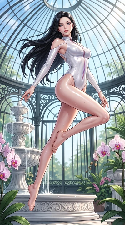 score_9, masterpiece, best quality, ultra-detailed, high-budget anime keyframe, semi-realistic 3D game render, editorial fashion photography, tasteful artistic composition, Korean woman. low angle full-body shot from head to toe showing her feet, fil