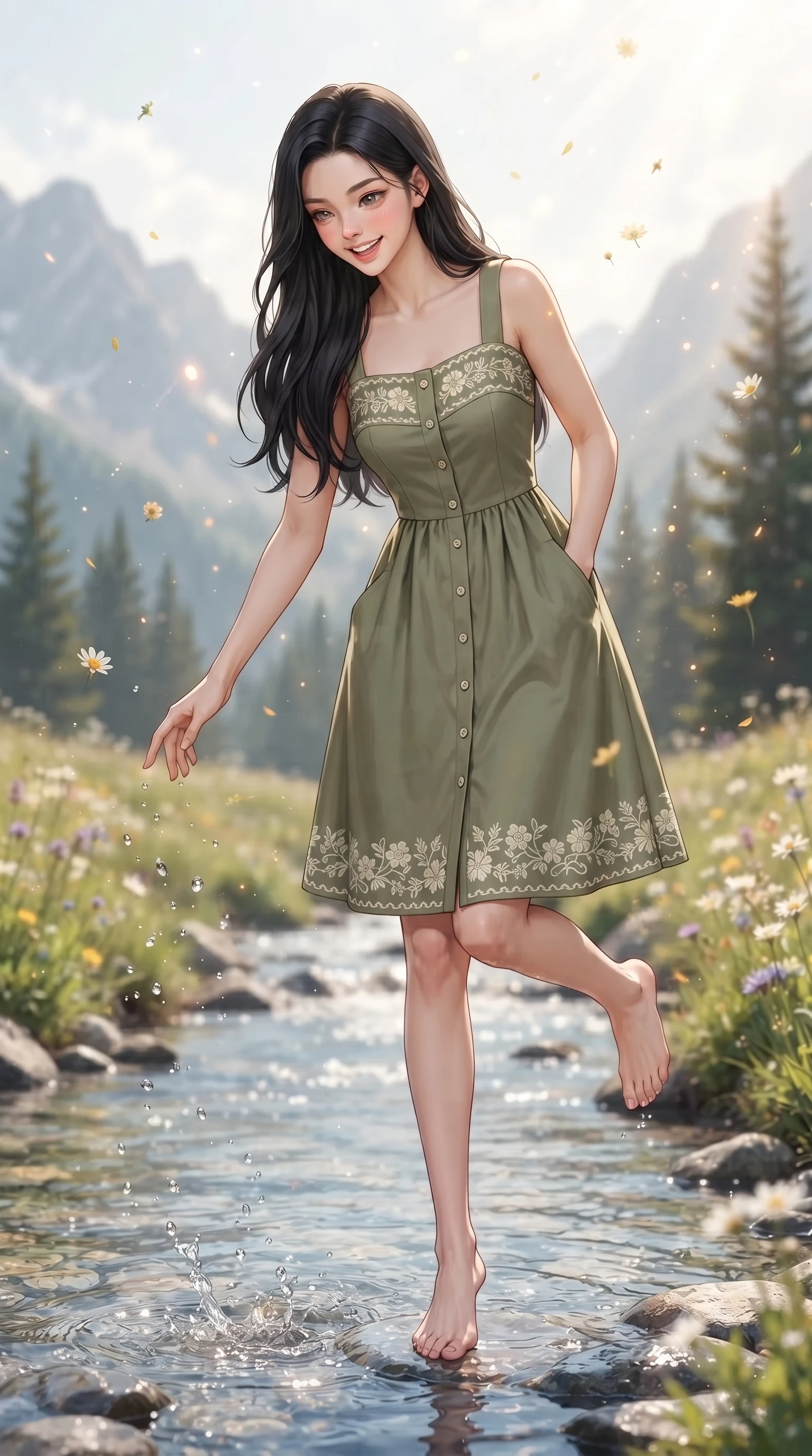 score_9, masterpiece, best quality, ultra-detailed, high-budget anime keyframe, editorial fashion photography, tasteful artistic composition, Korean woman. low angle full-body shot from head to toe showing her feet, filling the entire 9:16 vertical frame with her statuesque presence, stretching her vertical silhouette. standing poised on one leg with a playful hop and joyful expression, her long legs and slender figure highlighted against the landscape while dipping her fingertips playfully into a crystal-clear glacial mountain stream, her expression sparkling with pure delight. The composition keeps background elements in soft focus with creamy bokeh. sparkling mountain breeze sunbeams and floating flower pollen scattering warm dreamy light motes. She has an absolutely perfect, statuesque 8.5-heads proportion, an exceptionally tall and slender model-like female figure with impossibly long slender legs, a toned flat midriff, and an ultra-slim waist. sharp v-shaped jawline, high-bridge nose, intricate jewel-like eyes with depth, thick eyelashes, glossy lips with a natural sheen, pure and lovely fresh girlhood expression, flawlessly proportioned anatomical accuracy, strict slender model proportions, natural body alignment, perfectly sculpted long slender limbs, ultra-slim waistline, clean dynamic posture without body distortion. wearing a vintage-inspired button-front cotton sundress with wide shoulder straps and side pockets in muted olive green and ivory cotton, tailored from crisp organic cotton poplin, complemented by subtle floral embroidery along the neckline and hem, the relaxed yet flattering fit accentuating her naturally graceful and slender figure, highlighting her youthful charm and lovely silhouette. surrounded by a fresh, uplifting, and enchantingly pure alpine girlhood aura. ultra-reflective glossy finish, specular highlights, rich natural textures, high-contrast stereoscopic depth, volumetric dynamic lighting, 2k, ultra detail, master piece, 9:16 ratio