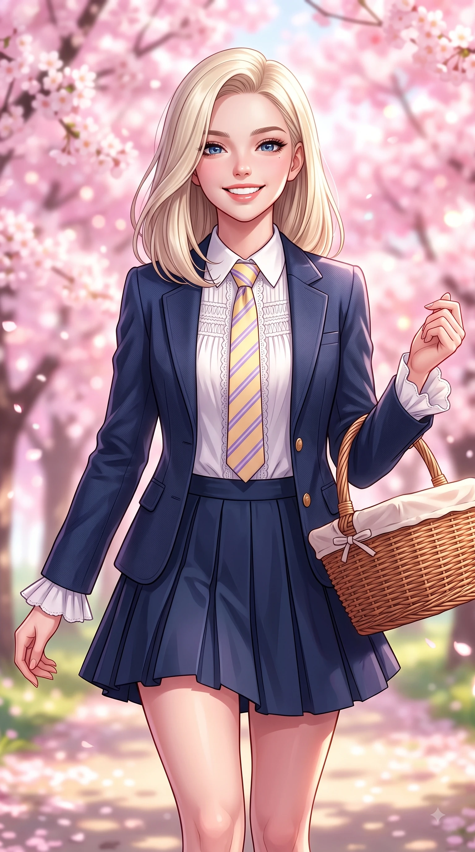 score_9, masterpiece, best quality, ultra-detailed, high-budget anime keyframe, editorial fashion photography, tasteful artistic composition, Caucasian woman. close-up cowboy shot from the waist and thighs up, the character dominates the composition, filling the frame with her large presence. Gazing directly into the camera with a fresh, infectious smile as her torso curves dynamically in mid-stride while stepping along a sun-drenched park trail carrying a wicker basket with fresh youthful charm. The composition keeps background elements in soft focus with dreamy bokeh. dense cherry blossom canopies blurring into a dreamy, glowing pink and white bokeh backdrop. She has an exceptionally elegant, slender, and willowy female figure with an ultra-slim waist, a gracefully sculpted slender torso, and a refined silhouette. sharp v-shaped jawline, high-bridge nose, intricate jewel-like eyes with depth, thick eyelashes, glossy lips with a natural sheen, flawlessly proportioned anatomical accuracy, natural body alignment, perfectly sculpted elegant limbs, clean dynamic posture without body distortion. wearing a preppy academy blazer over a crisp collared shirt, navy pleated skirt, and a slim necktie in soft lemon yellow and lavender violet, woven with delicate eyelet lace and soft cotton, accented with soft smocked details and fluttery cuffs, the soft airy drape swaying gracefully with her dynamic movements. surrounded by a fresh, sweet, and nostalgic spring park atmosphere. highly saturated vibrant anime colors, detailed shading with soft gradients, rich glossy textures, high-contrast stereoscopic depth, volumetric dynamic lighting, master piece, 9:16 ratio