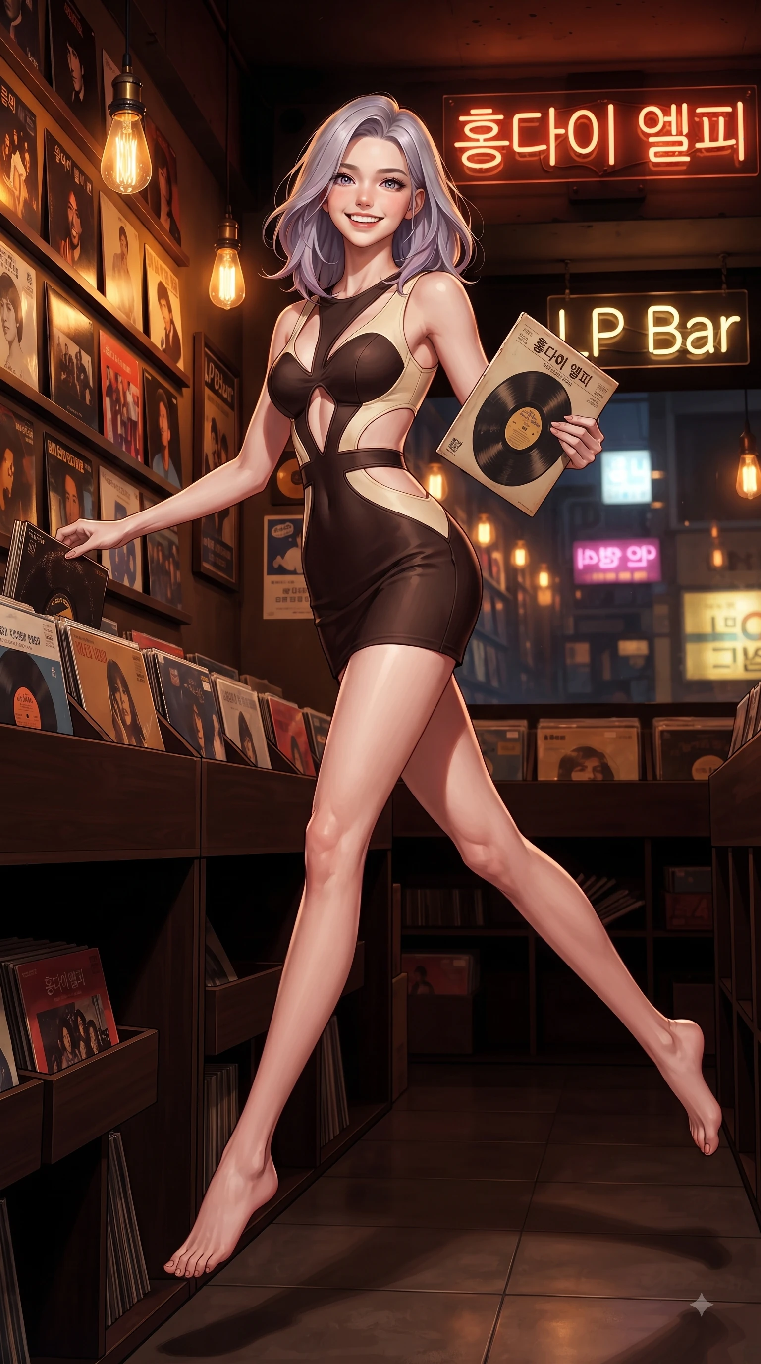score_9, masterpiece, best quality, ultra-detailed, high-budget anime keyframe, editorial fashion photography, tasteful artistic composition, Caucasian woman. low angle full-body shot from head to toe showing her feet, filling the entire 9:16 vertical frame with her statuesque presence, stretching her vertical silhouette. leaping with pure youthful energy through mid-air with a radiant bright smile, her impossibly long slender legs stretched in balance while browsing vintage vinyl record albums in a cozy Hongdae LP bar with a sweet playful smile, warm amber Edison bulb lamps and neon signs scattering cozy golden highlights. She has an absolutely perfect, statuesque 8.5-heads proportion, an exceptionally tall and slender model-like female figure with impossibly long slender legs and an ultra-slim waist. sharp v-shaped jawline, high-bridge nose, intricate jewel-like eyes with depth, thick eyelashes, glossy lips with a natural sheen, flawlessly proportioned anatomical accuracy, natural body alignment, perfectly sculpted elegant limbs, clean dynamic posture without body distortion. wearing a dramatic open-waist cutout mini dress framed by sculptural hardware in espresso brown and warm cream, formed from sleek second-skin neoprene, featuring clean architectural cutouts along her slender torso, the elegant draped fit framing her graceful clavicle and slender torso. illuminated by cozy directional spotlights and rich mahogany reflections. ultra-reflective glossy finish, specular highlights, metallic sheen, high-contrast stereoscopic depth, volumetric dynamic lighting, 2k, ultra detail, master piece, 9:16 ratio
