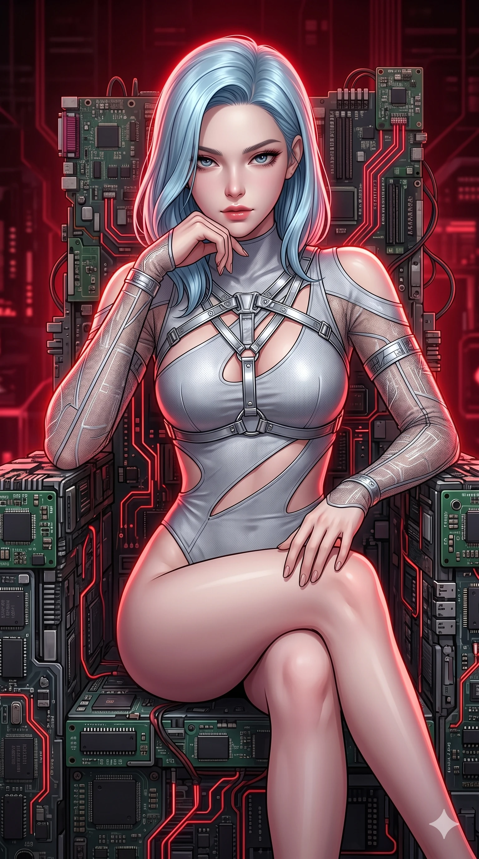 score_9, masterpiece, best quality, ultra-detailed, high-budget anime keyframe, editorial fashion photography, tasteful artistic composition, Korean woman. Upper body close-up from the thighs up, character filling the screen for maximum presence. She is seated dynamically on a throne of calcified logic boards and glowing red circuits. She leans forward with a dangerous, enticing smolder, resting one elbow on her knee. She has an absolutely perfect 8-heads proportion, an exceptionally tall and slender female figure with impossibly long slender legs and an ultra-slim waist. V-shaped jawline, high-bridge nose, intricate jewel-like eyes with depth, thick eyelashes, glossy lips with a natural sheen. She is wearing an ultra-sleek high-cut tech-bodysuit featuring dangerous diagonal slitted cutouts on the midriff and shoulders, reinforced by a metallic silver harness and sheer mesh sleeves. The scene is bathed in bright white studio flash light and sharp crimson rim lighting outlining her silhouette. 2k, ultra detail, master piece, 9:16 ratio