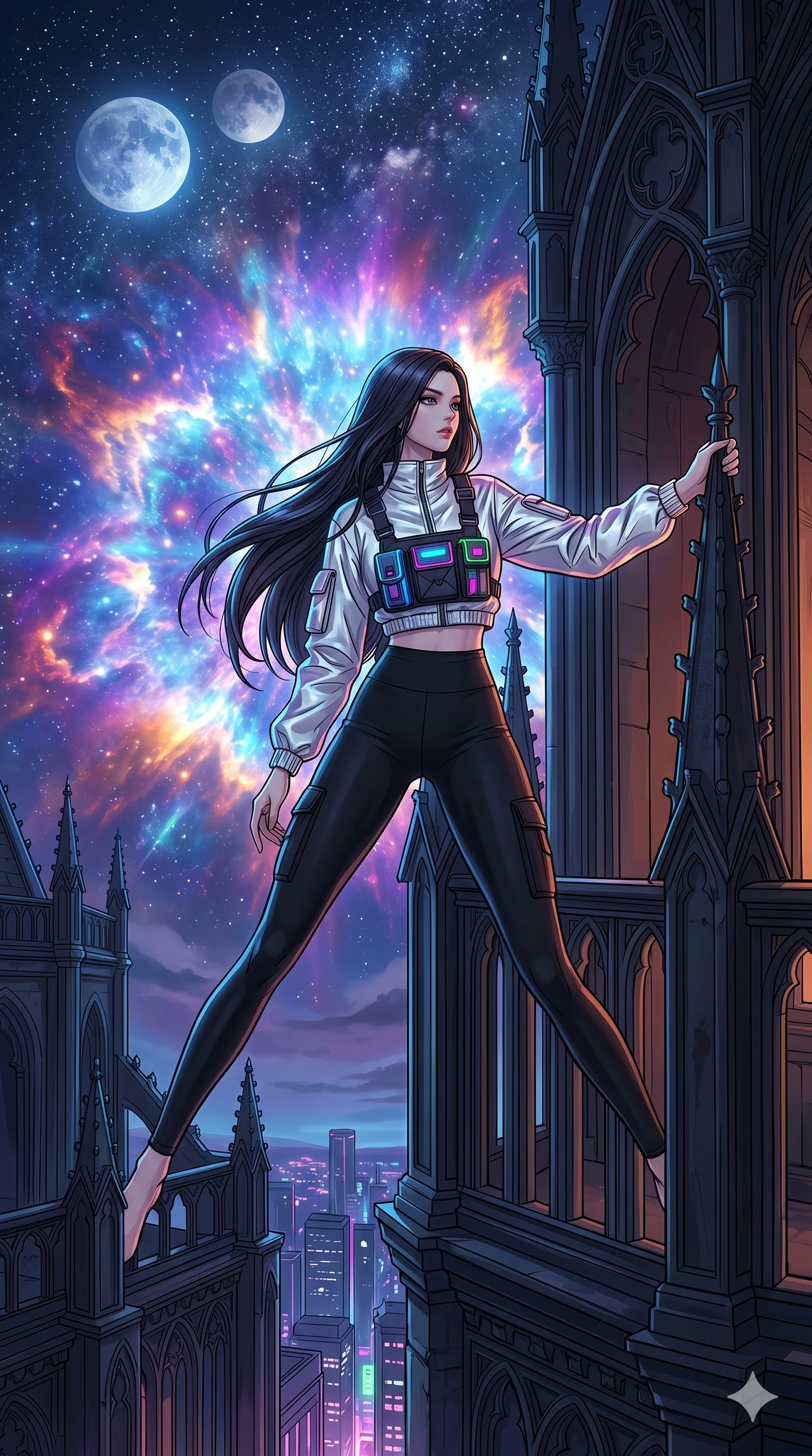 score_9, masterpiece, best quality, ultra-detailed, high-budget anime movie keyframe, cinematic anime lighting, intricate line art, Caucasian (strictly human ears) woman. Dynamic full-body shot stretching the vertical silhouette across the 9:16 frame. observing a supernova in a gothic obsidian tower under a twin-moon sky. She has an absolutely perfect 8-heads proportion, an exceptionally tall and slender female figure with an ultra-slim waist and impossibly long slender legs. sharp v-shaped jawline, high-bridge nose, intricate jewel-like eyes, thick eyelashes, glossy lips. Wearing modern urban tech-wear ensemble with a cropped reflective bomber jacket, ultra-slim high-waisted cargo leggings, and tactical harness with neon-lit pouches. The scene is illuminated by dramatic atmospheric lighting and vibrant color palettes. , 2k, ultra detail, master piece, 9:16 ratio