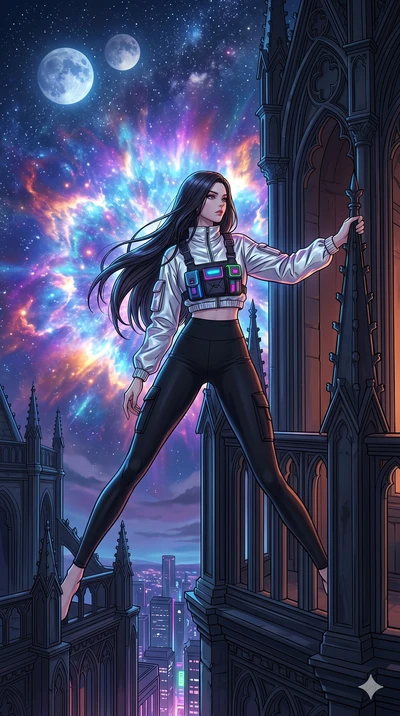score_9, masterpiece, best quality, ultra-detailed, high-budget anime movie keyframe, cinematic anime lighting, intricate line art, Caucasian (strictly human ears) woman. Dynamic full-body shot stretching the vertical silhouette across the 9:16 frame