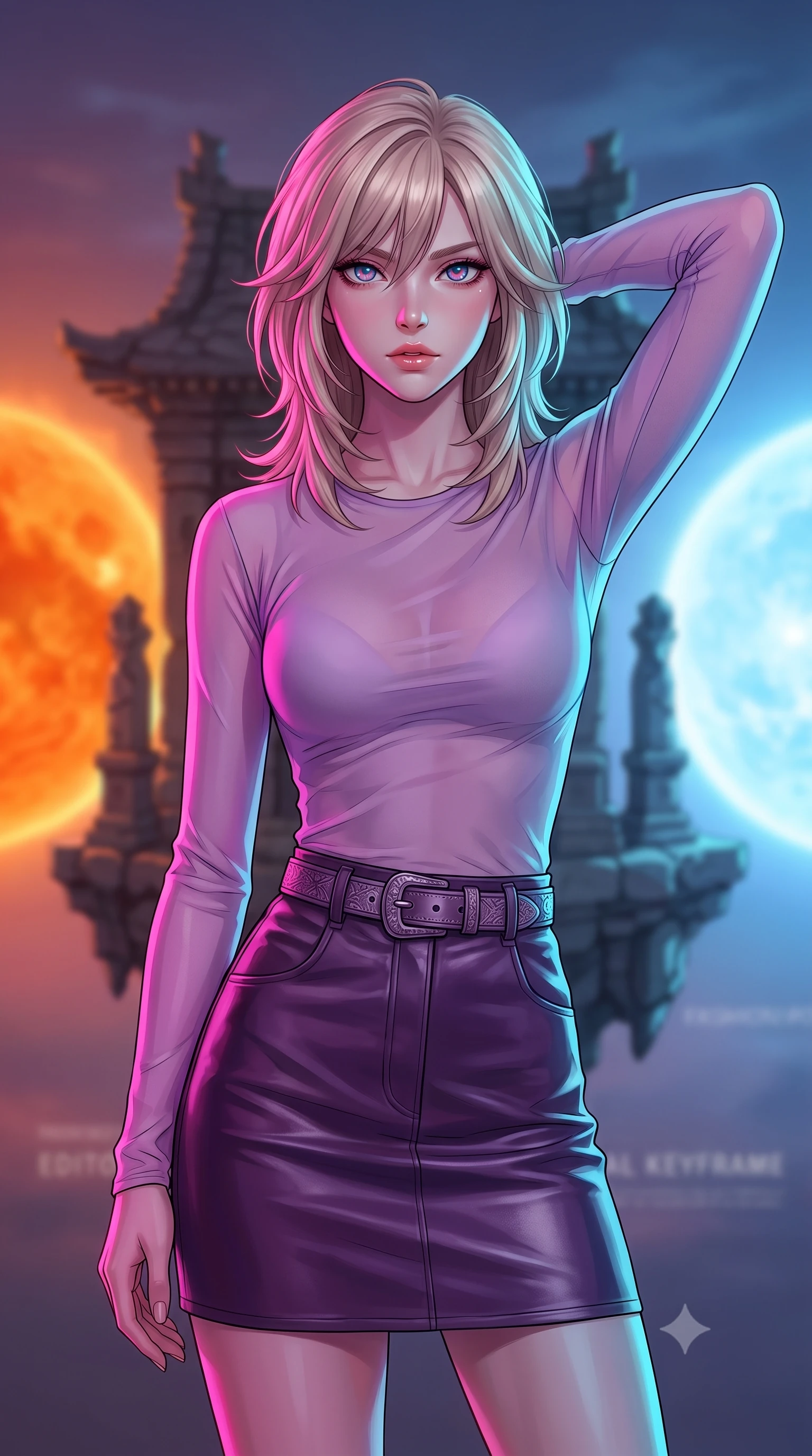 score_9, masterpiece, best quality, ultra-detailed, high-budget anime keyframe, editorial fashion photography, tasteful artistic composition, Japanese woman. close-up cowboy shot from the waist and thighs up, the character dominates the composition, filling the frame with her large presence, background elements kept in soft focus. Placing one hand behind her head with confident body language and a direct stare. set against a soft-focus background of a floating stone shrine suspended in the gravitational balance point between two suns one burning deep orange and the other brilliant blue creating a perpetual dual-colored twilight on every surface. She has an exceptionally elegant and slender, willowy female figure with an ultra-slim waist, a gracefully sculpted slender torso, and a refined slim physique. sharp v-shaped jawline, high-bridge nose, intricate jewel-like eyes with depth, thick eyelashes, glossy lips with a natural sheen. wearing a sheer long-sleeve top in lavender, paired with a high-waisted dark purple leather skirt. dual-tone lighting with hot magenta from the left and cool cyan from the right. 2k, ultra detail, master piece, 9:16 ratio
