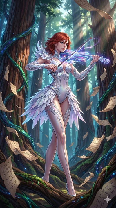 score_9, masterpiece, best quality, ultra-detailed, Set A: High-budget Anime Keyframe, Caucasian (human ears) woman. Low angle cowboy shot filling the entire 9:16 frame with her statuesque presence. Theme: Abstract Cosmic. playing a holographic violi