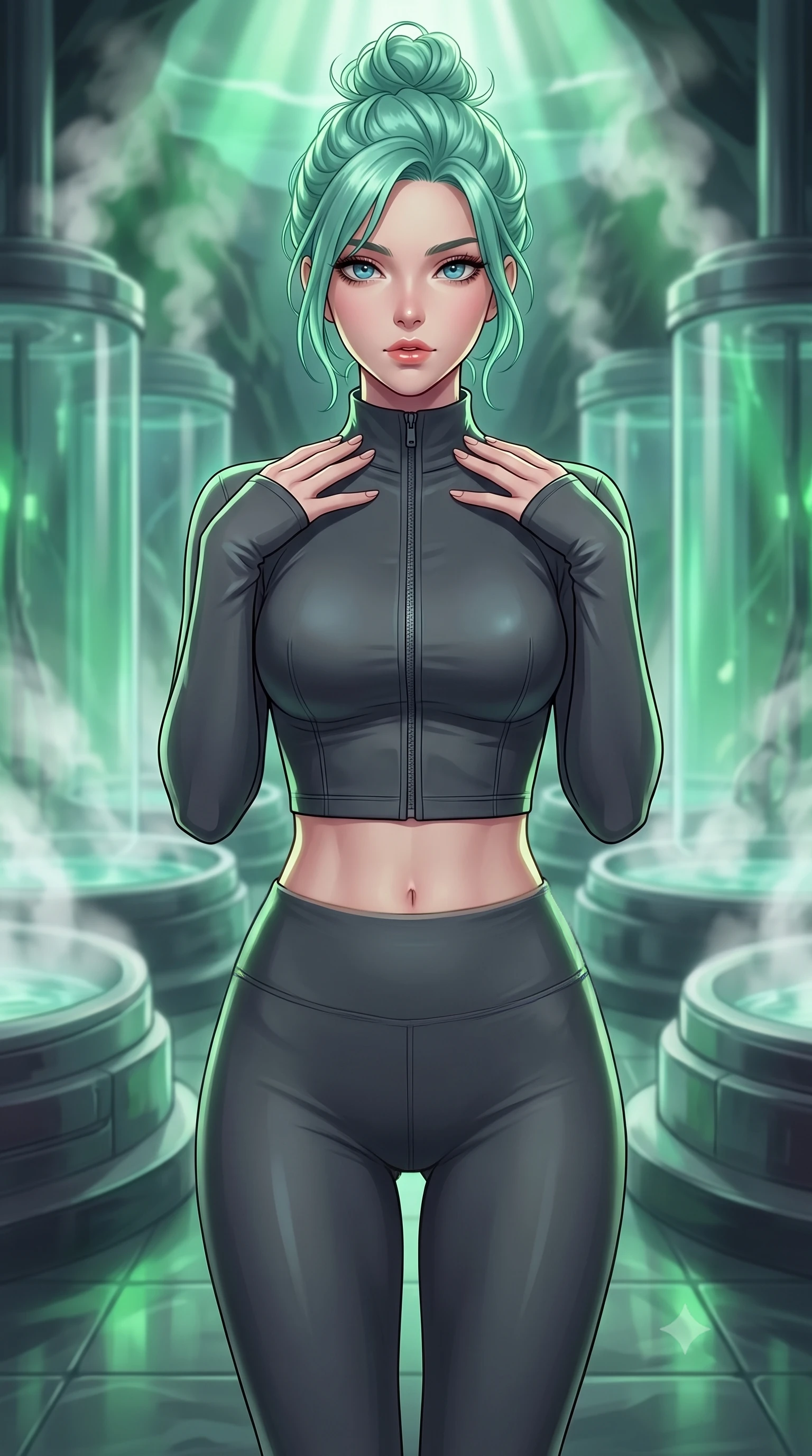 score_9, masterpiece, best quality, ultra-detailed, high-budget anime keyframe, editorial fashion photography, tasteful artistic composition, Japanese woman. close-up cowboy shot from the waist and thighs up, the character dominates the composition, filling the frame with her large presence, background elements kept in soft focus. standing in a relaxed, elegant posture with both hands resting lightly on her collarbone, looking at the viewer with bedroom-eyes, the background shows a soft-focus a sub-oceanic geothermal bath with steaming glass tub chambers in orbit. She has an exceptionally elegant, slender, and willowy female figure with an ultra-slim waist, a gracefully sculpted slender torso, and a refined silhouette. sharp v-shaped jawline, high-bridge nose, intricate jewel-like eyes with depth, thick eyelashes, glossy lips with a natural sheen. wearing a body-hugging body-hugging high-neck activewear set of a zipped long-sleeve crop top and matching leggings in carbon-grey. steaming glass tub chambers overlooking volcanic trenches in green light. highly saturated vibrant anime colors, detailed shading with soft gradients, rich glossy textures, high-contrast stereoscopic depth, volumetric dynamic lighting, master piece, 9:16 ratio