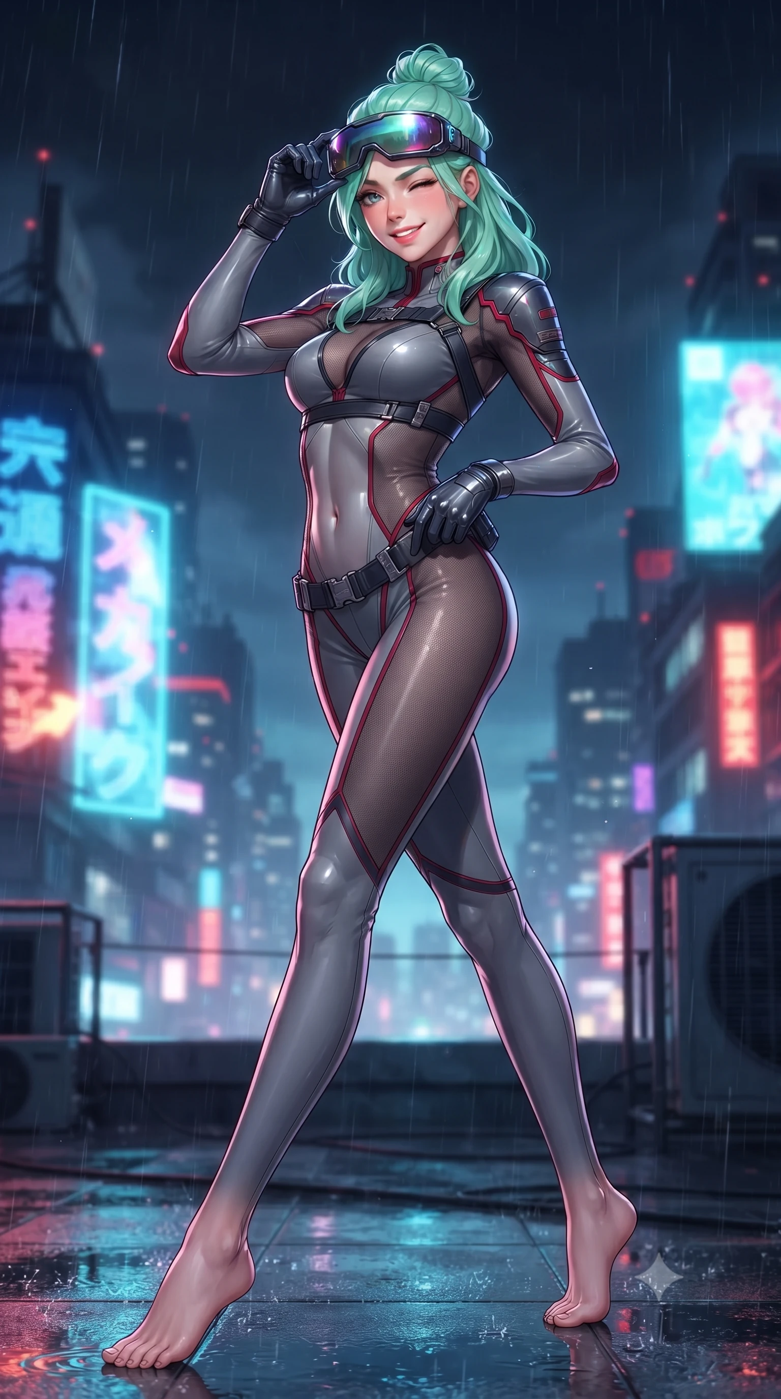 score_9, masterpiece, best quality, ultra-detailed, high-budget anime keyframe, editorial fashion photography, tasteful artistic composition, Japanese woman. low angle full-body shot from head to toe showing her feet, filling the entire 9:16 vertical frame with her statuesque presence, stretching her vertical silhouette. pivoting dynamically with supreme athletic balance and poise, her impossibly long slender legs creating a breathtaking line while adjusting her futuristic cyber-visor over her brow while casting a bold, playful wink and bright smile into the camera. The composition keeps background elements in soft focus with creamy bokeh. rain-slicked rooftop structures and distant megacity smog softened in dynamic shallow depth of field. She has an absolutely perfect, statuesque 8.5-heads proportion, an exceptionally tall and slender model-like female figure with impossibly long slender legs, a toned flat midriff, and an ultra-slim waist. sharp v-shaped jawline, high-bridge nose, intricate jewel-like eyes with depth, thick eyelashes, glossy lips with a natural sheen, captivating and magnetic expression, flawlessly proportioned anatomical accuracy, strict slender model proportions, natural body alignment, perfectly sculpted long slender limbs, ultra-slim waistline, clean dynamic posture without body distortion. wearing a sharp asymmetrical spy bodysuit with sheer contouring mesh panels, reinforced strike shoulders, and utility waist harness in storm grey and dark scarlet trim, made of high-mobility liquid jersey and semi-opaque reinforced mesh, accented with concealed lockpick wristbands and polished dark chrome hardware edition #17, the glove-like aerodynamic second-skin fit tightly clinging to her ultra-slender waist and athletic curves without adding bulk, accentuating her razor-sharp statuesque lines and slim hourglass silhouette. bathed in flashing RGB strobe lights and glowing holographic billboard backlighting. ultra-reflective glossy finish, specular highlights, rich textural contrasts, high-contrast stereoscopic depth, volumetric dynamic lighting, 2k, ultra detail, master piece, 9:16 ratio