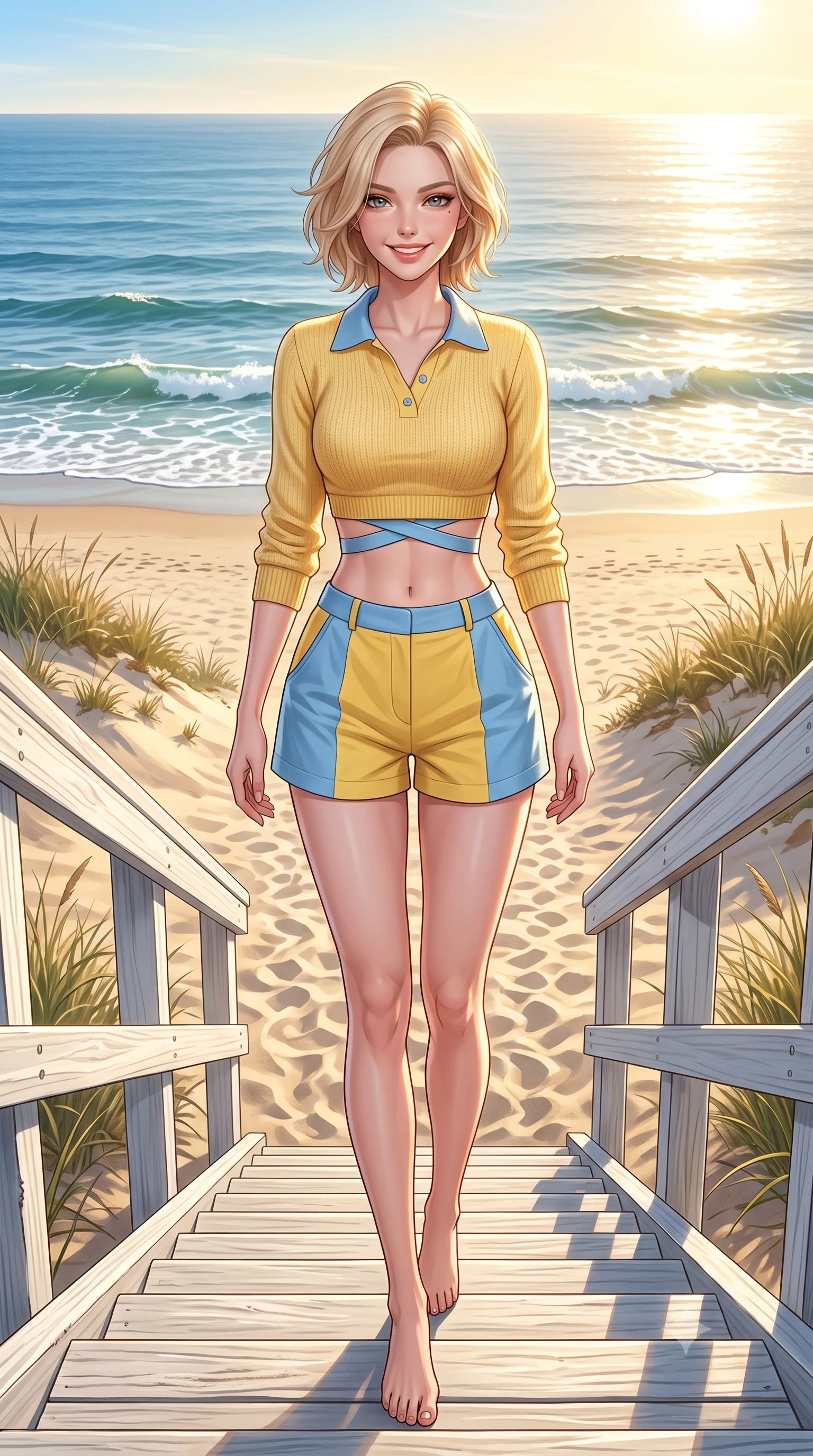score_9, masterpiece, best quality, ultra-detailed, high-budget anime keyframe, semi-realistic 3D game render, editorial fashion photography, tasteful artistic composition, Caucasian woman. low angle full-body shot from head to toe showing her feet, filling the entire 9:16 vertical frame with her statuesque presence, stretching her vertical silhouette. sitting perched on the elevated edge with legs crossed and hips angled toward the camera, displaying her toned midriff and long slender limbs with a joyful, coquettish smile while walking gracefully down the private beach boardwalk steps with a beaming smile, her breezy resort wear hugging her narrow waist and hips. The surrounding environment is rendered in vivid detail and crisp panoramic clarity. sharp weathered white timber grain, sand dune textures, and ocean wave crest caustics in deep focus. She has an exceptionally tall and slender model-like 8.5-heads proportion, an ultra-slim waist, a flat toned midriff, narrow delicate ribcage, and beautifully sculpted feminine hips creating a graceful, slim hourglass silhouette without any bulky heaviness, with impossibly long slender legs. sharp v-shaped jawline, high-bridge nose, intricate jewel-like sparkling eyes with depth, thick eyelashes, glossy parted lips with a natural peach sheen, bright cheerful beaming smile with an enchanting and coquettish sensual glint, exuding both youthful cute charm and seductive allure, flawlessly proportioned anatomical accuracy, strict slender model proportions, natural body alignment, perfectly sculpted long slender limbs, ultra-slim waistline, clean dynamic posture without body distortion. wearing a cropped knitted polo sweater paired with high-cut tailored tennis shorts hugging her rounded hips in sunny daffodil yellow and clear sky blue, tailored from crisp cotton poplin with clean structural lines, finished with criss-cross back satin straps highlighting her graceful shoulder blades, the form-contouring cut accentuating her sculpted flat midriff, narrow delicate ribcage, and gracefully curvy hips with supermodel precision. bathed in brilliant golden hour California sunlight streaming across the ocean water. highly saturated vibrant anime colors, detailed shading with soft gradients, rich glossy textures, high-contrast stereoscopic depth, volumetric dynamic lighting, master piece, 9:16 ratio
